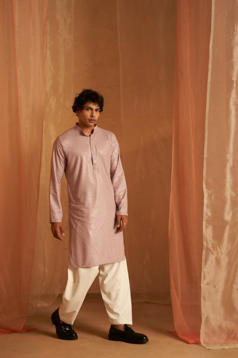 Lavender viscose Chikankari Embroidery Work Men's Traditional Kurta Set - Mahotsav | Swadesiicart