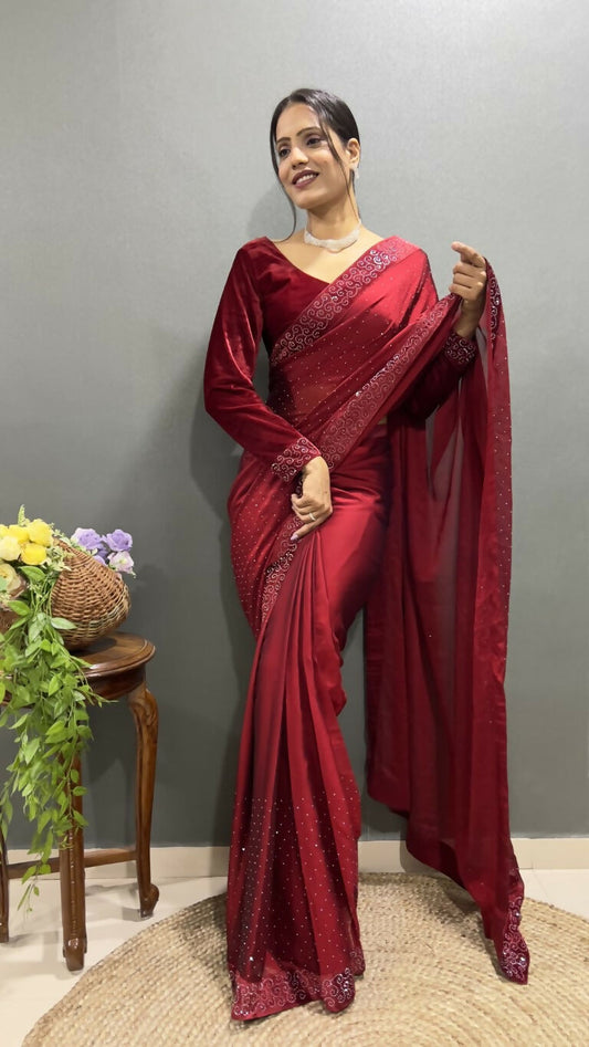 Vastranavya Maroon Rangoli Silk Swarovski work Ready to Wear Saree | Swadesiicart