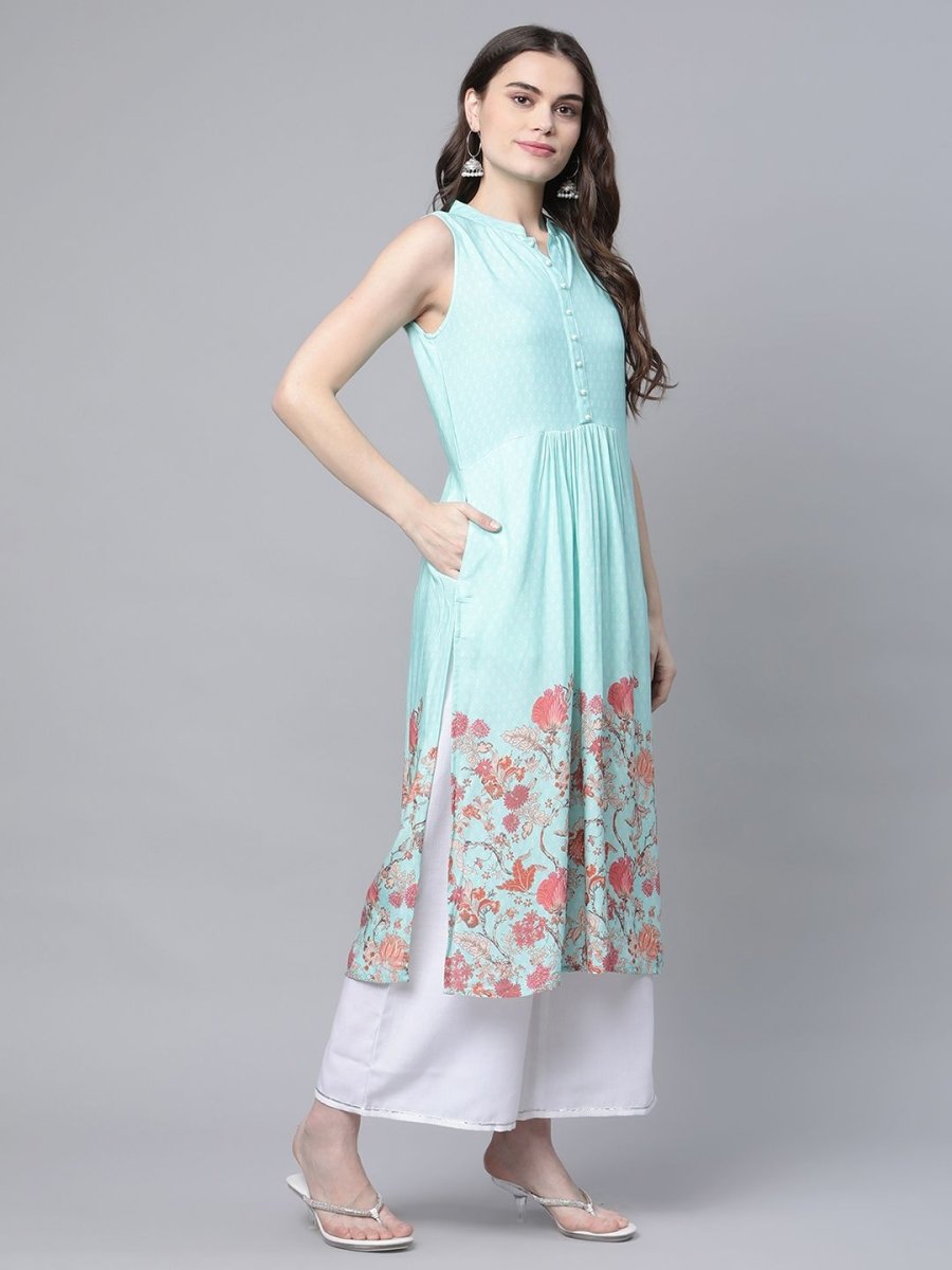 Ahalyaa Women's Sky Blue Rayon Printed Kurta Palazzo Set | Swadesiicart