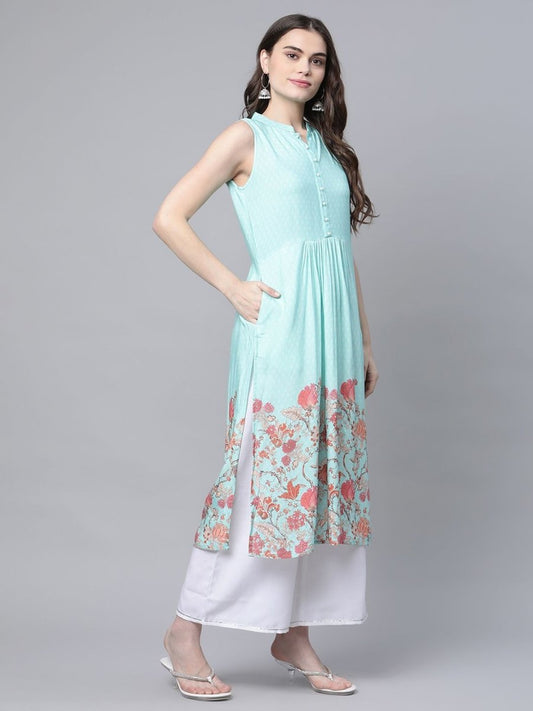 Ahalyaa Women's Sky Blue Rayon Printed Kurta Palazzo Set | Swadesiicart