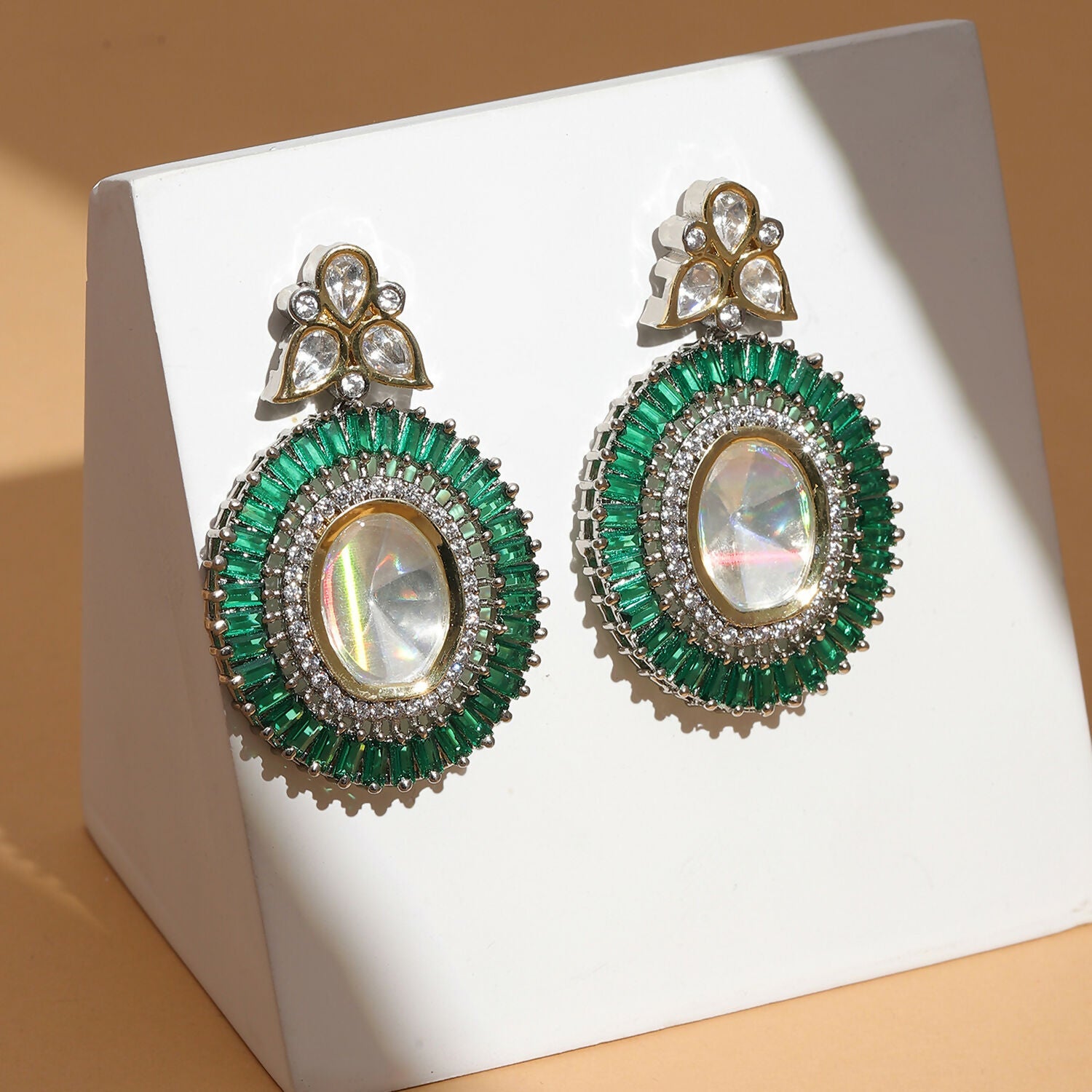 Kundan and Diamond with Green Stones Dangler Earrings (Green) - Ruby Raang | Swadesiicart