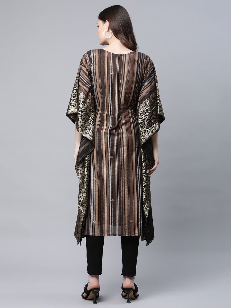 Ahalyaa Women Brown Georgette Gold Silver Printed Kaftan Kurta | Swadesiicart
