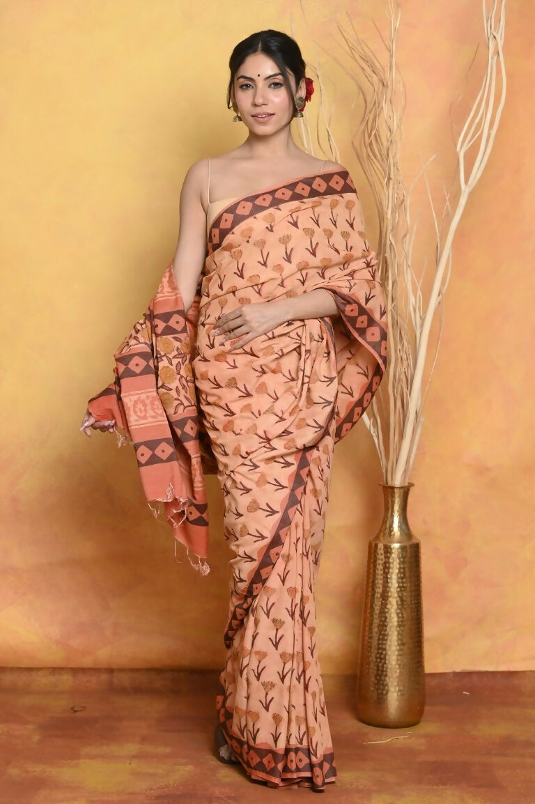 Very Much Indian Designer Modal Silk Saree With With Beautiful Floral Print - Light Orange | Swadesiicart