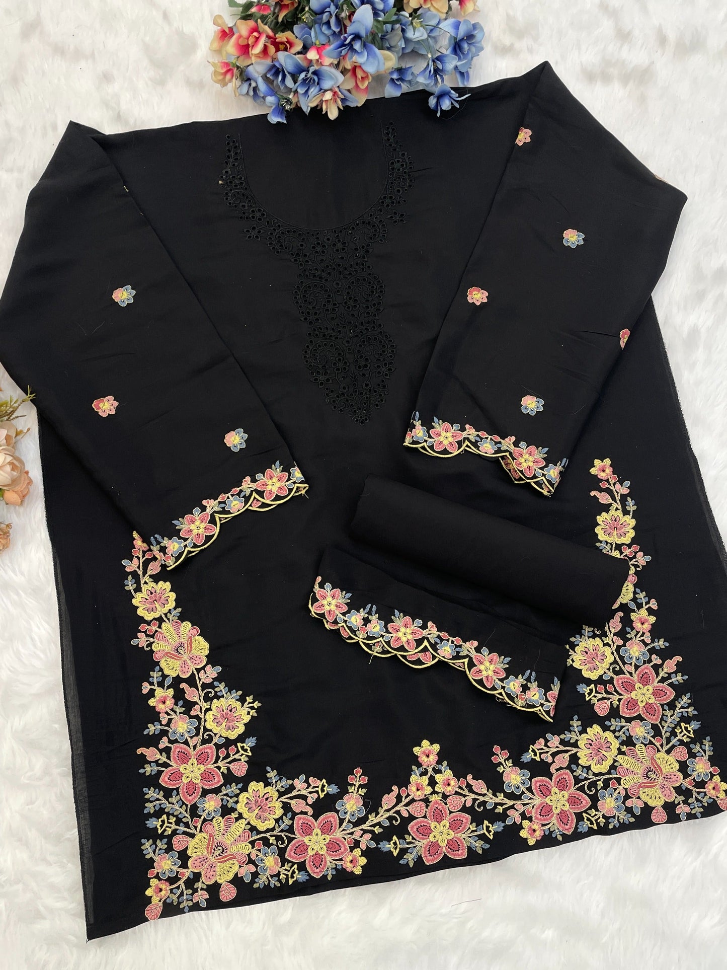 Anaita Black Embroidered And Viscose Thread Work Cotton Salwar Suit