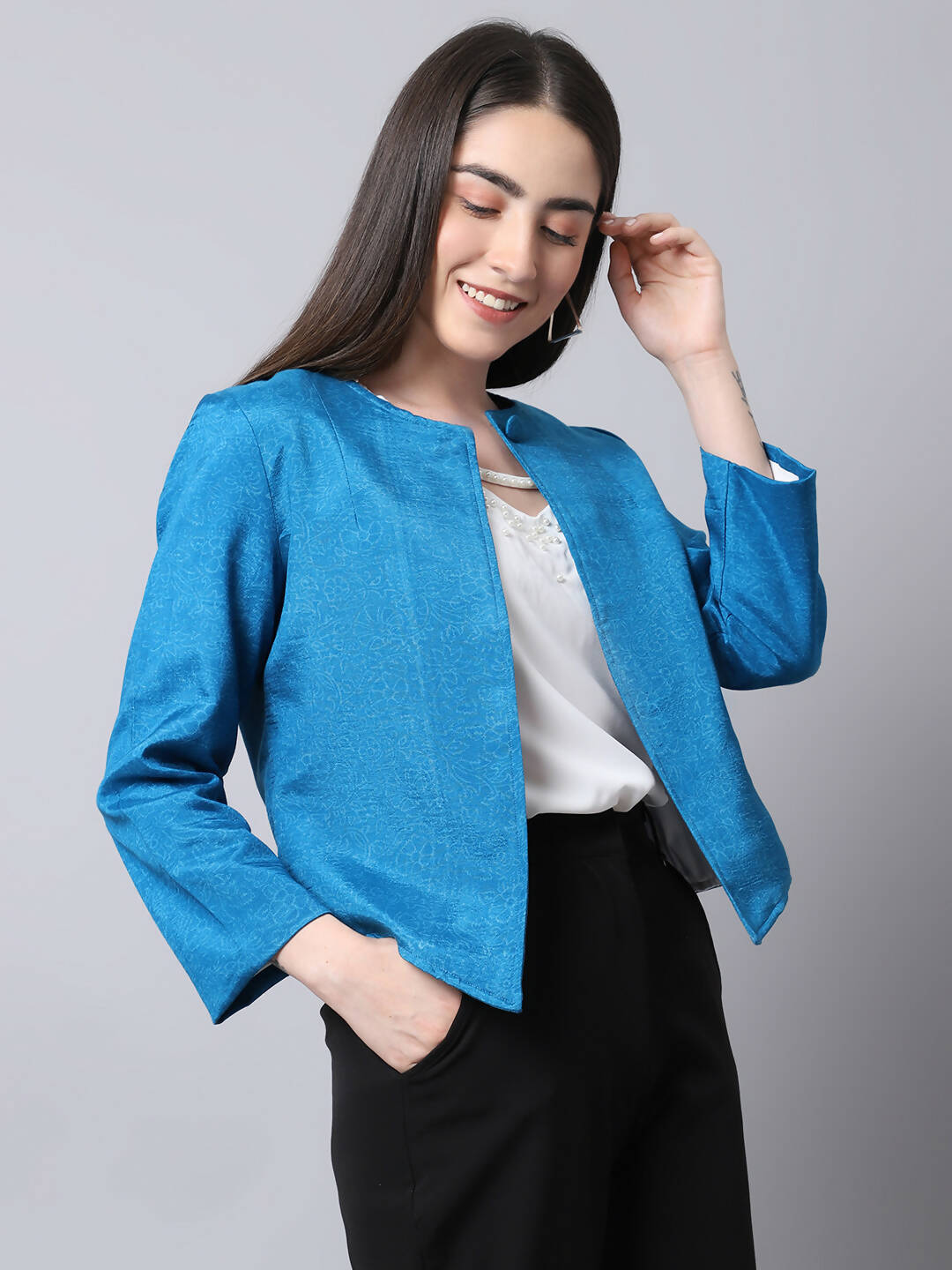 Even Apparels Blue 100% Viscose Open Front Statement Women's Jacket | Swadesiicart