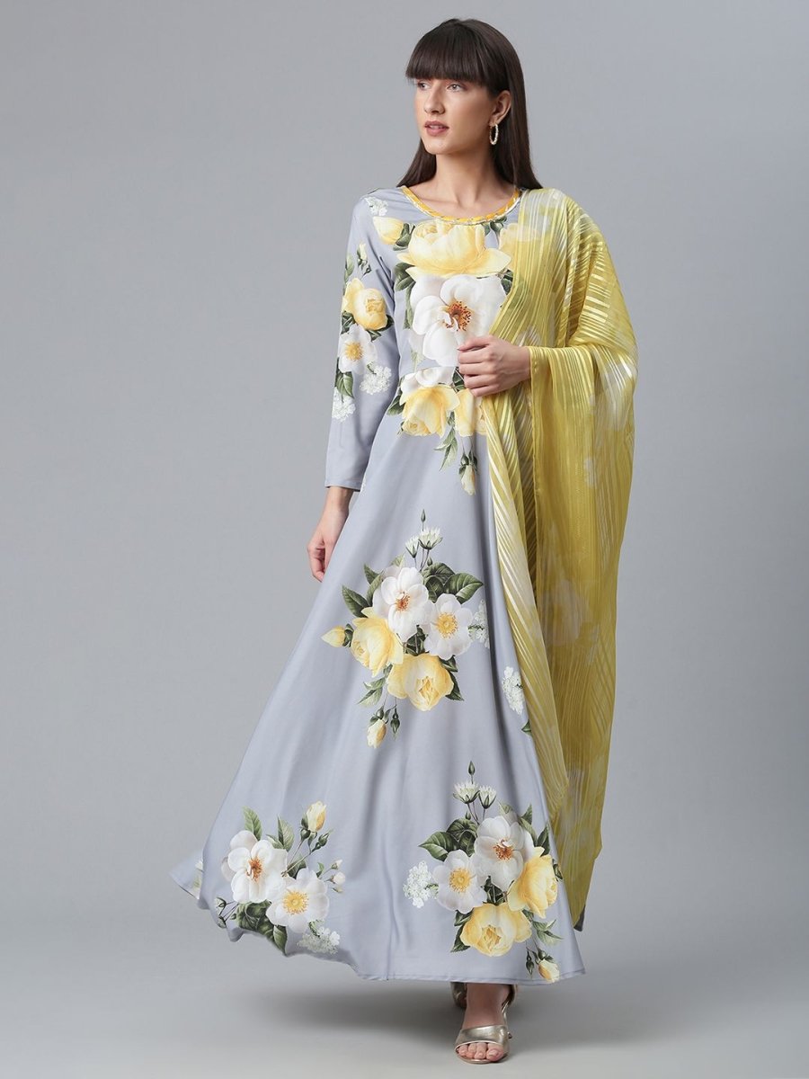 Ahalyaa Rayon Grey Digital Print Kurta with Dupatta Set | Swadesiicart