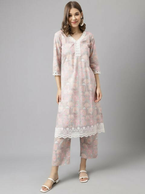FIORRA Women's Pink Cotton A-Line Kurta Set - Swadesiicart