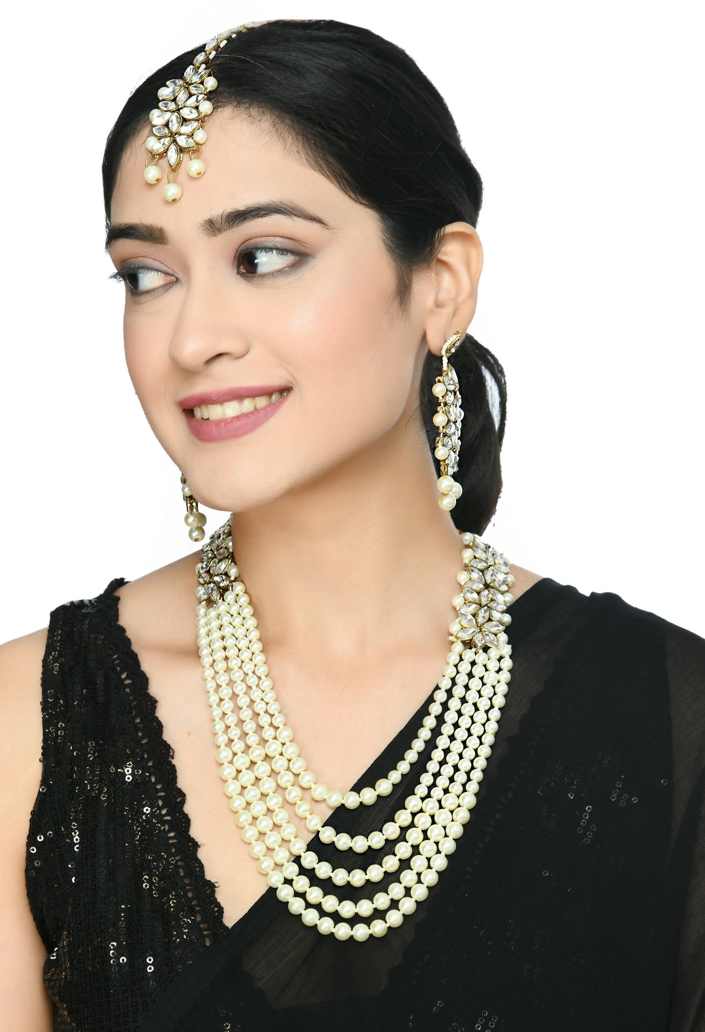 Mominos Fashion Johar Kamal Gold-Polished Rani Haar with White and Off white Pearls Jewellery Set - Swadesiicart