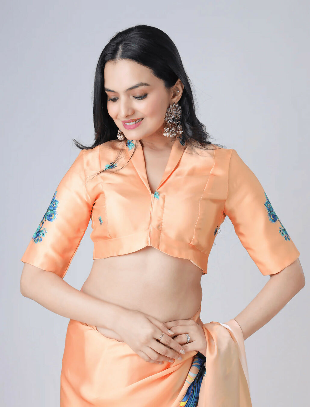 Vastranavya Peach Peacock Print Free Hand Ready to Wear Saree | Swadesiicart