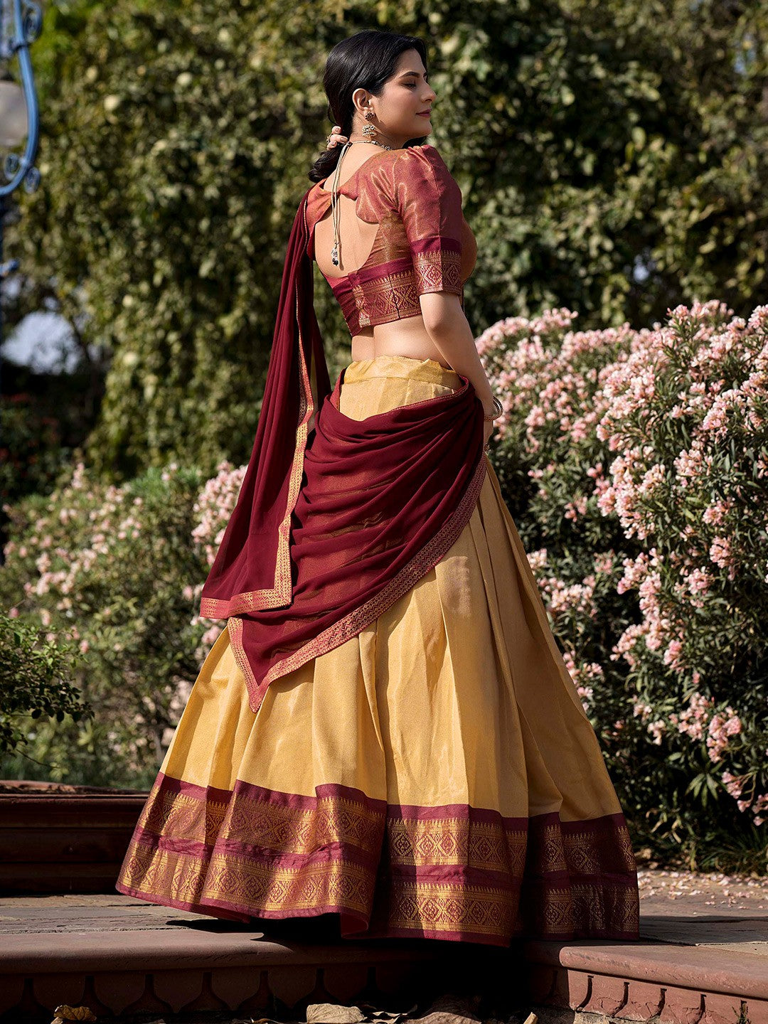 Lorenvalley Cream Kanchipuram Zari Weaving Work Lehenga Choli with Dupatta | Swadesiicart