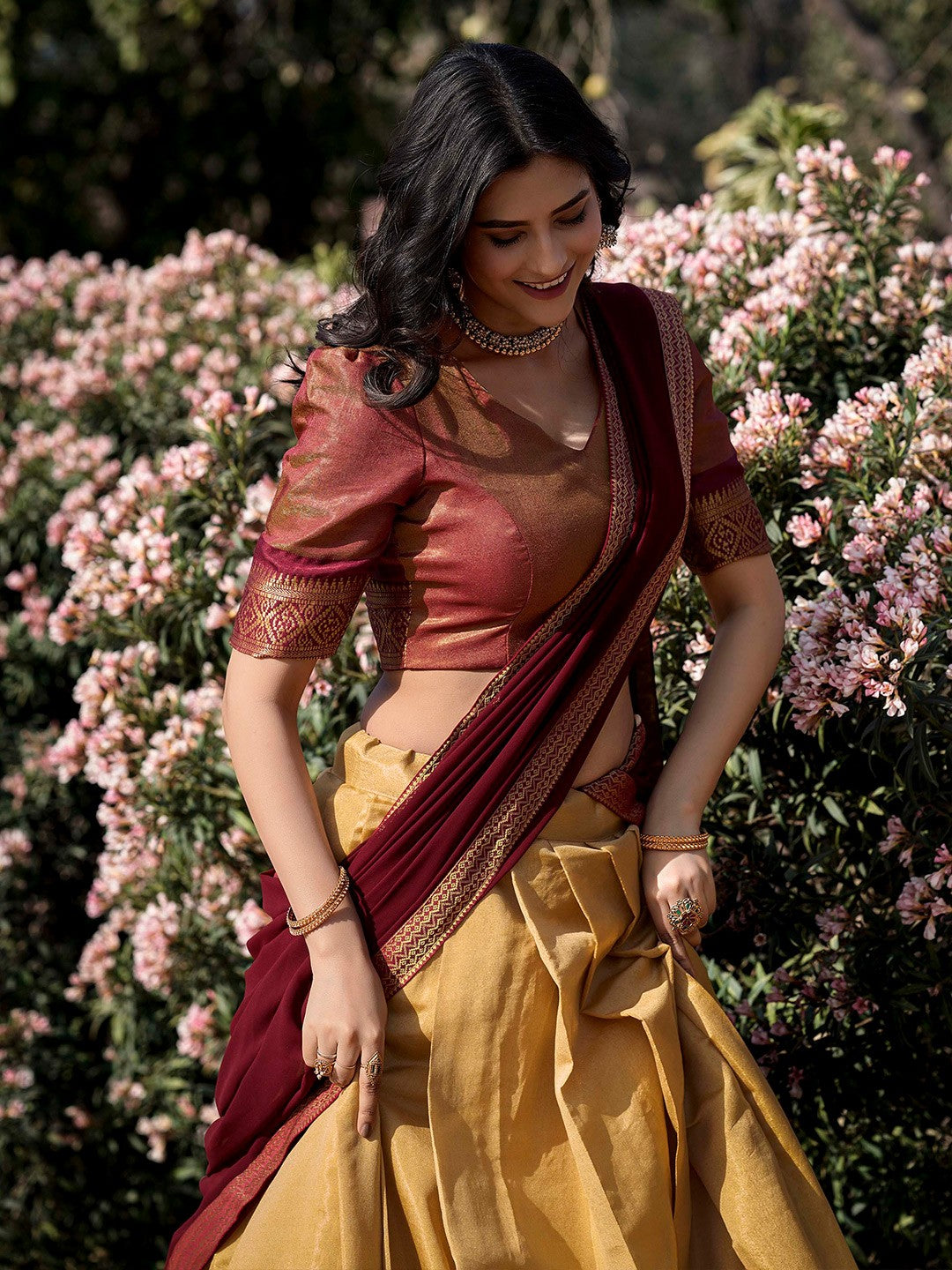 Lorenvalley Cream Kanchipuram Zari Weaving Work Lehenga Choli with Dupatta | Swadesiicart