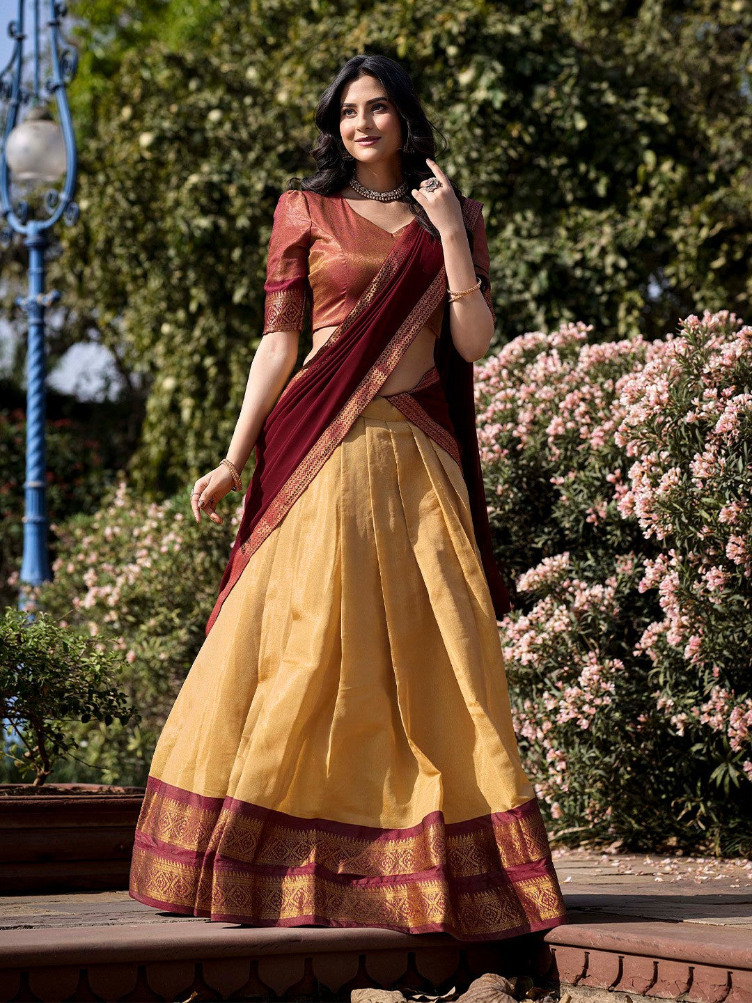 Lorenvalley Cream Kanchipuram Zari Weaving Work Lehenga Choli with Dupatta | Swadesiicart