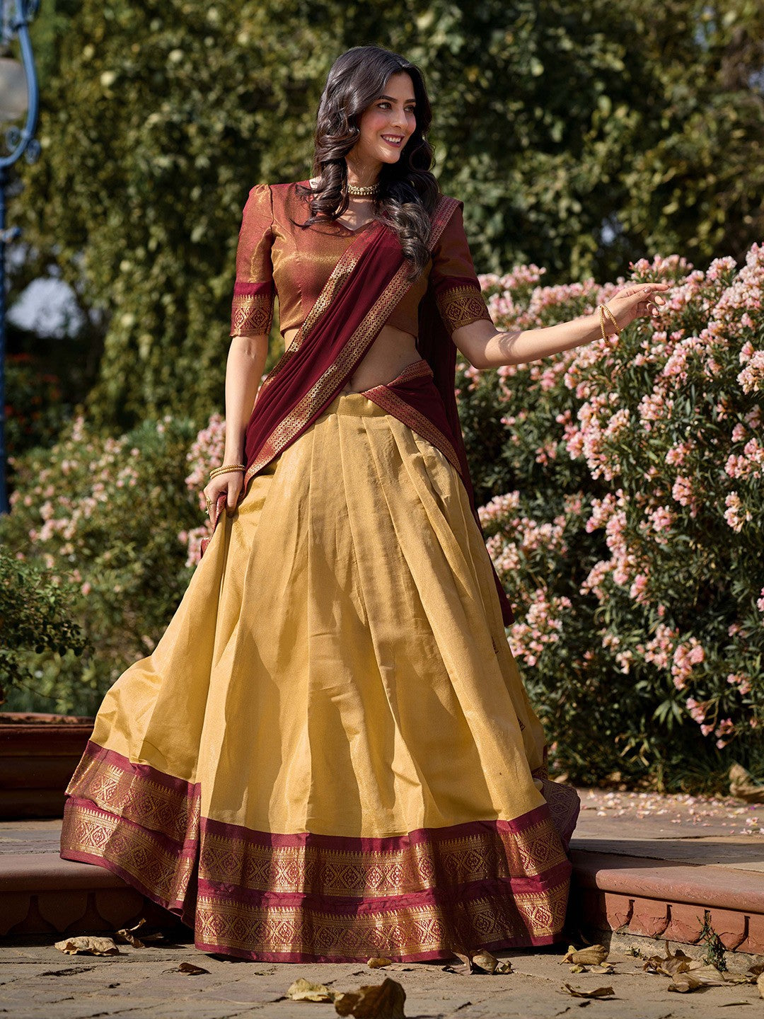 Lorenvalley Cream Kanchipuram Zari Weaving Work Lehenga Choli with Dupatta | Swadesiicart