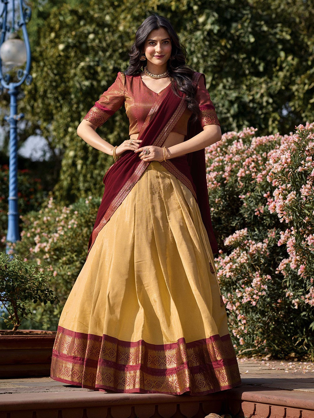 Lorenvalley Cream Kanchipuram Zari Weaving Work Lehenga Choli with Dupatta | Swadesiicart