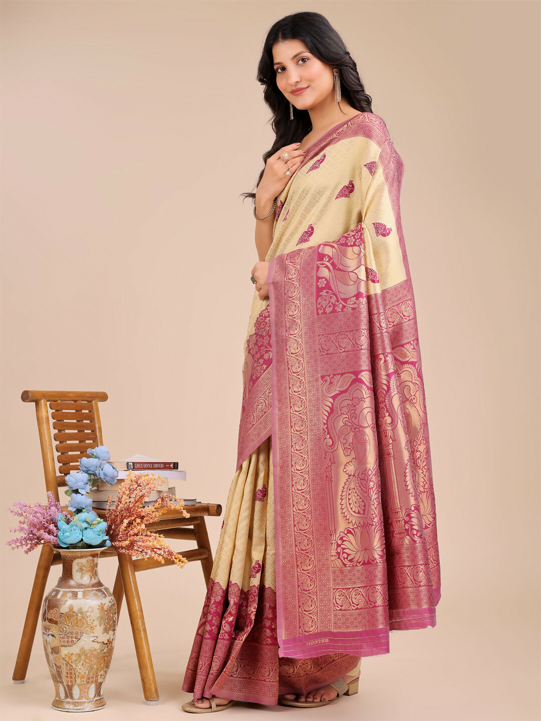 Astita Banarasi Silk Cream & Magenta Saree | Swadesiicart