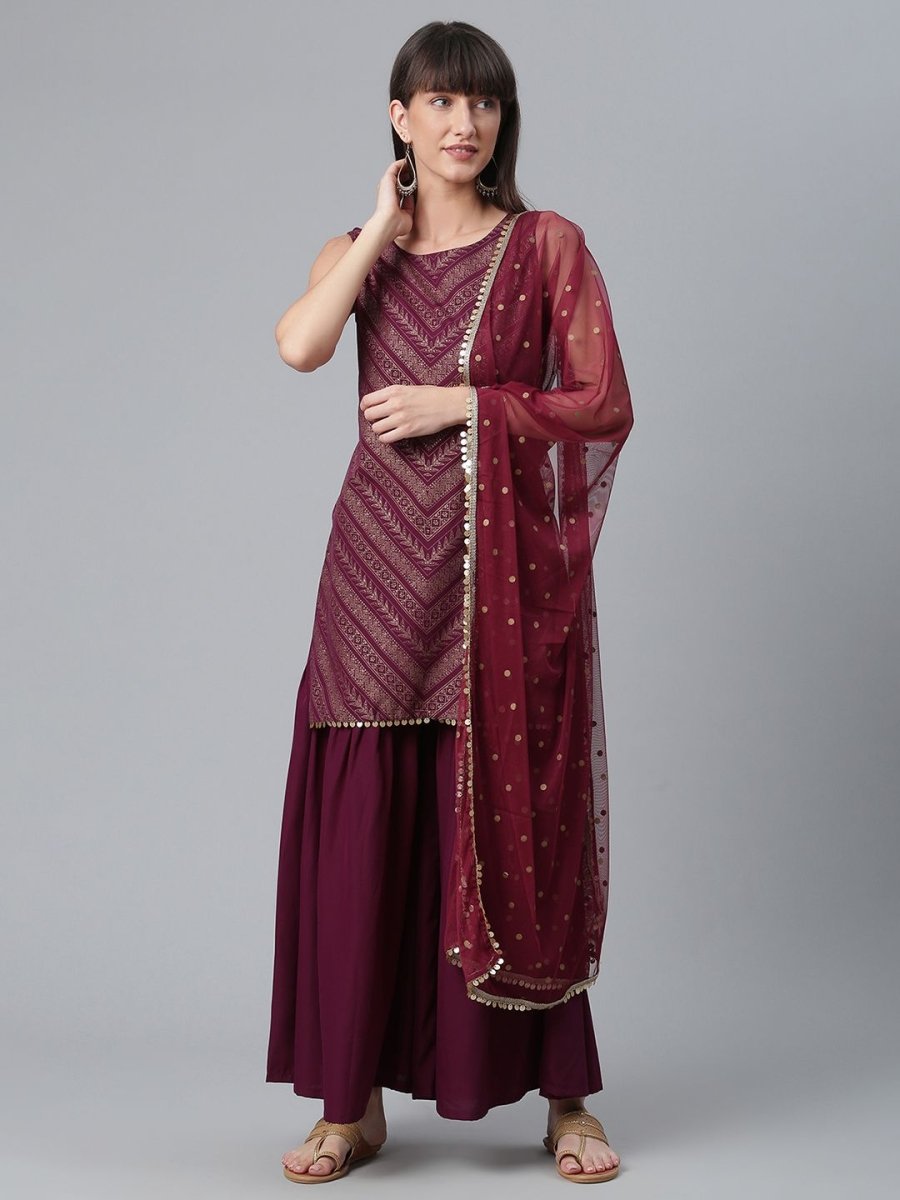 Ahalyaa Wine Crepe Glitter Print Kurta with Sharara and dupatta Set | Swadesiicart