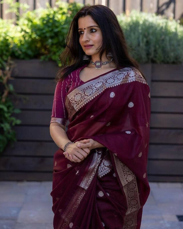 DEIANA'S Beautiful Designer Golden zari Soft Cotton Saree - Wine - Swadesiicart