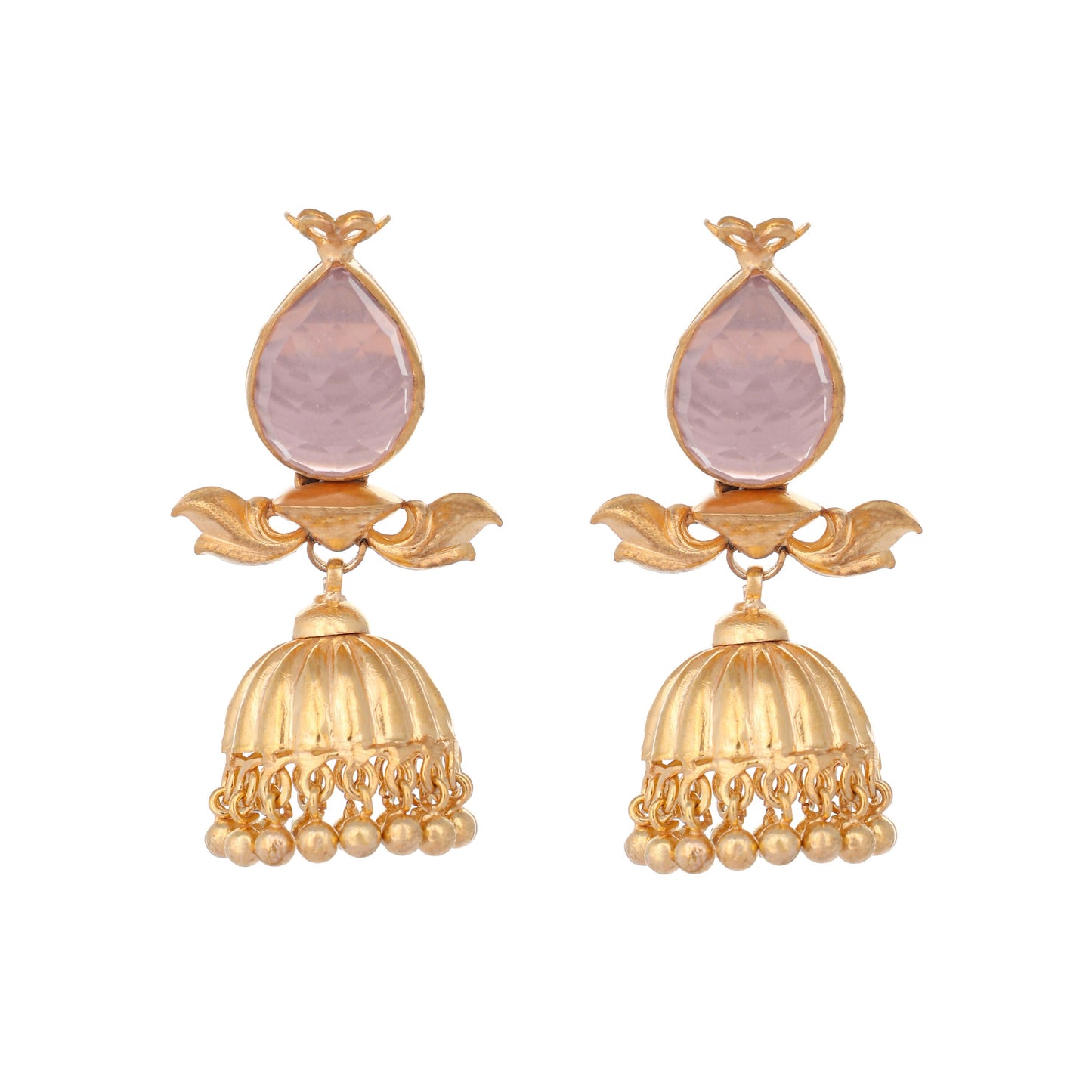 Nuyug 22K Gold Plated Rose Quartz Stone Studded Ethnic Jhumkas | Swadesiicart
