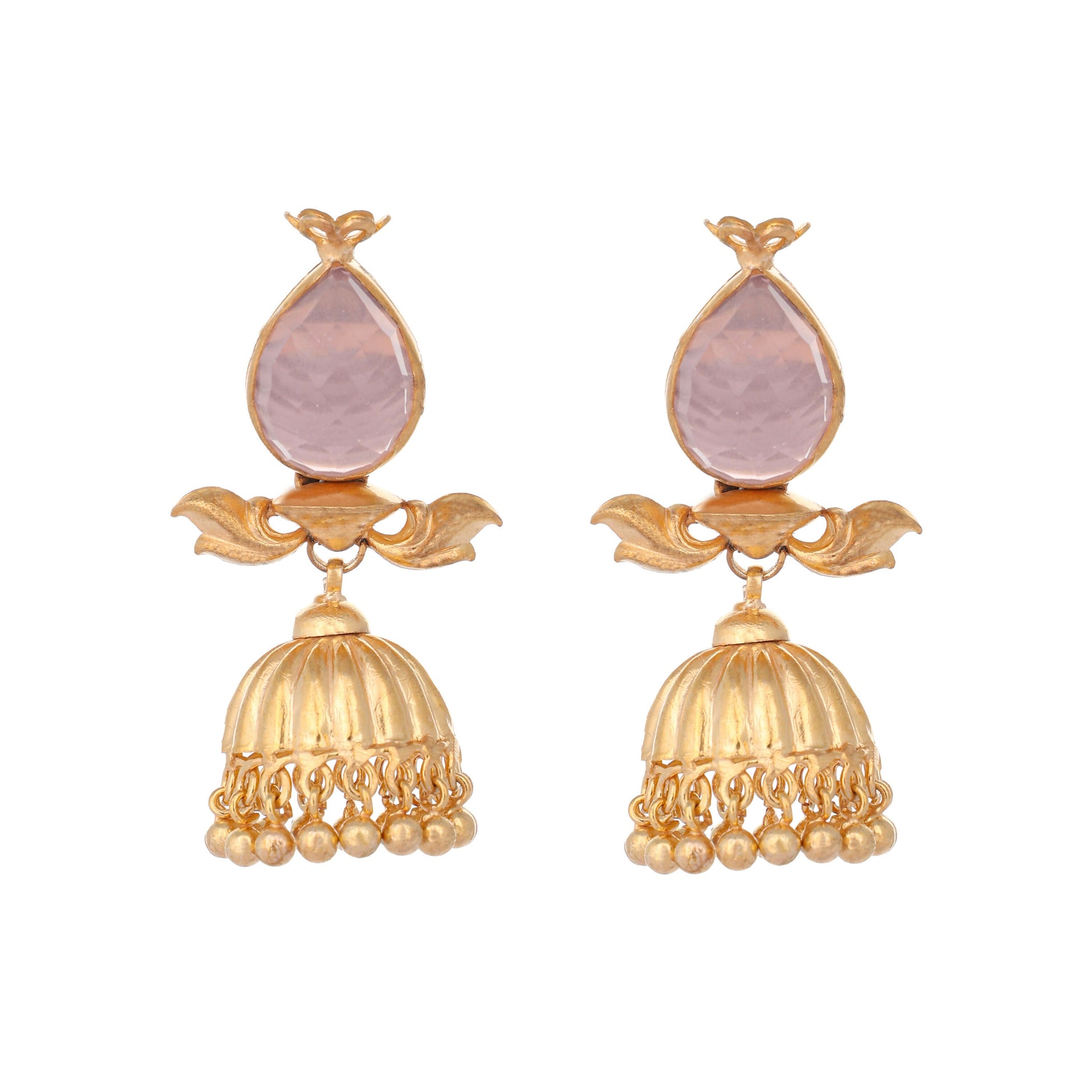 Nuyug 22K Gold Plated Rose Quartz Stone Studded Ethnic Jhumkas | Swadesiicart