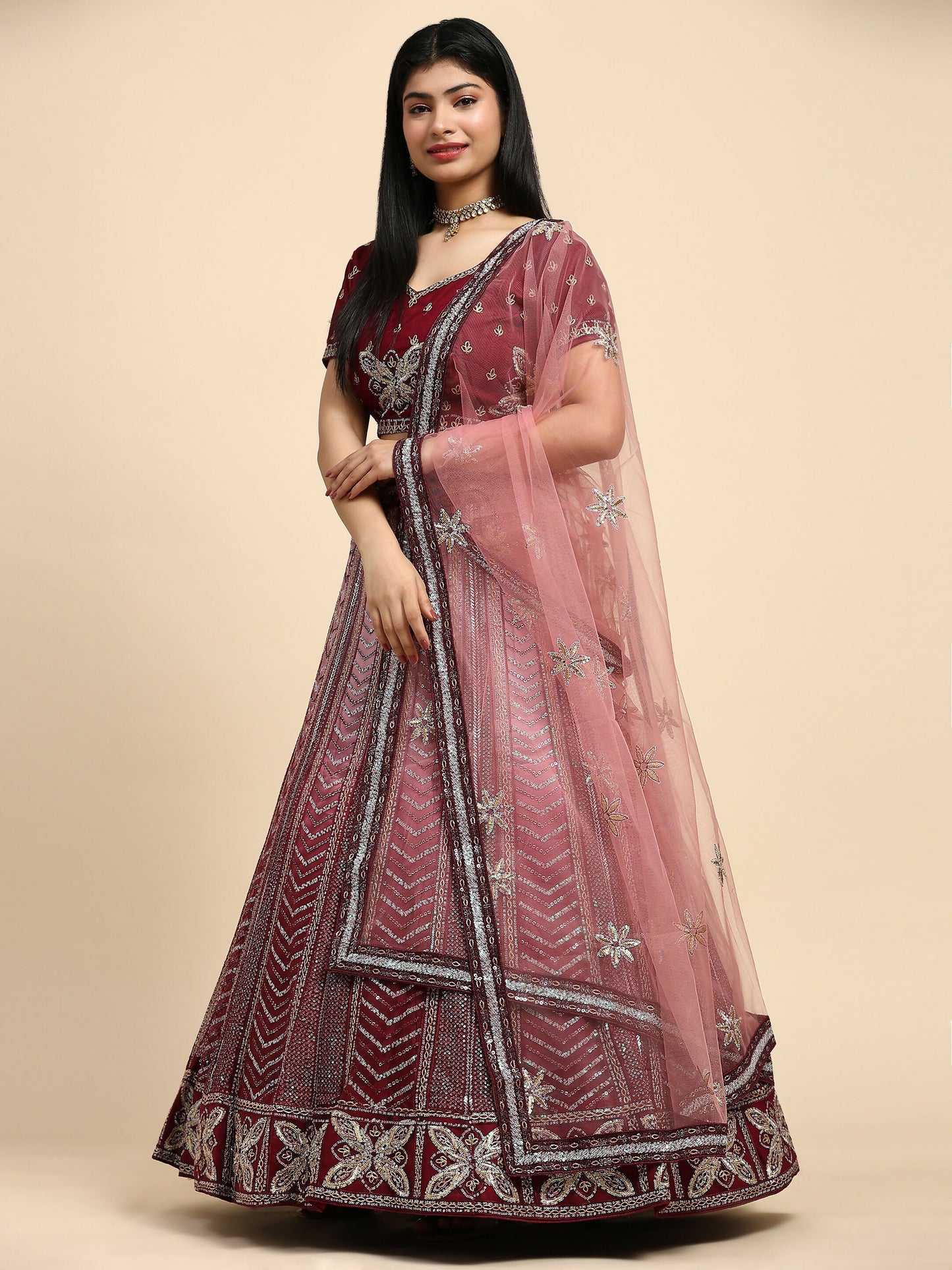 Maroon Fancy Net Sequence Embroidered Lehenga Choli with Dupatta - Dhara | Swadesiicart