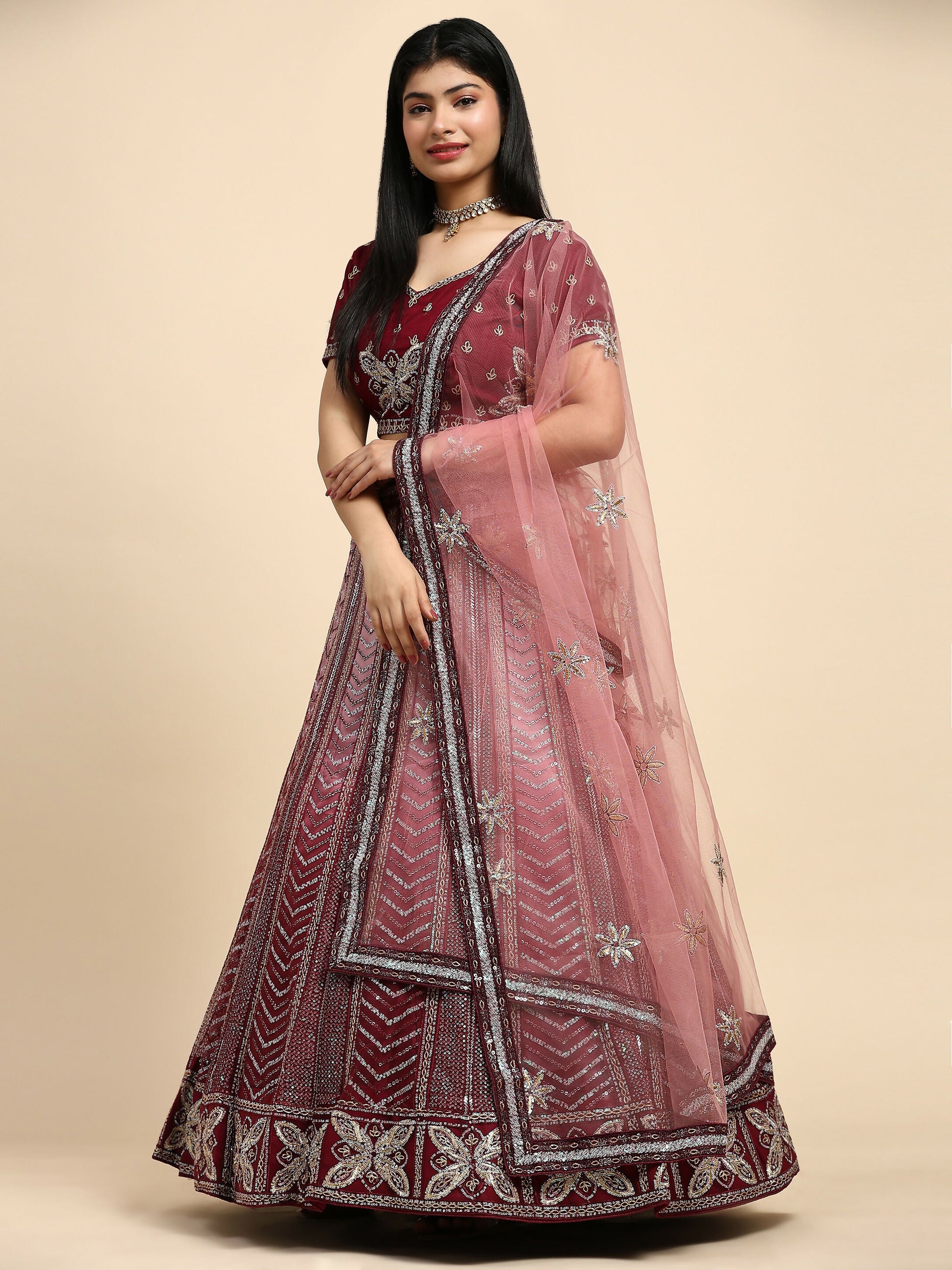 Maroon Fancy Net Sequence Embroidered Lehenga Choli with Dupatta - Dhara | Swadesiicart