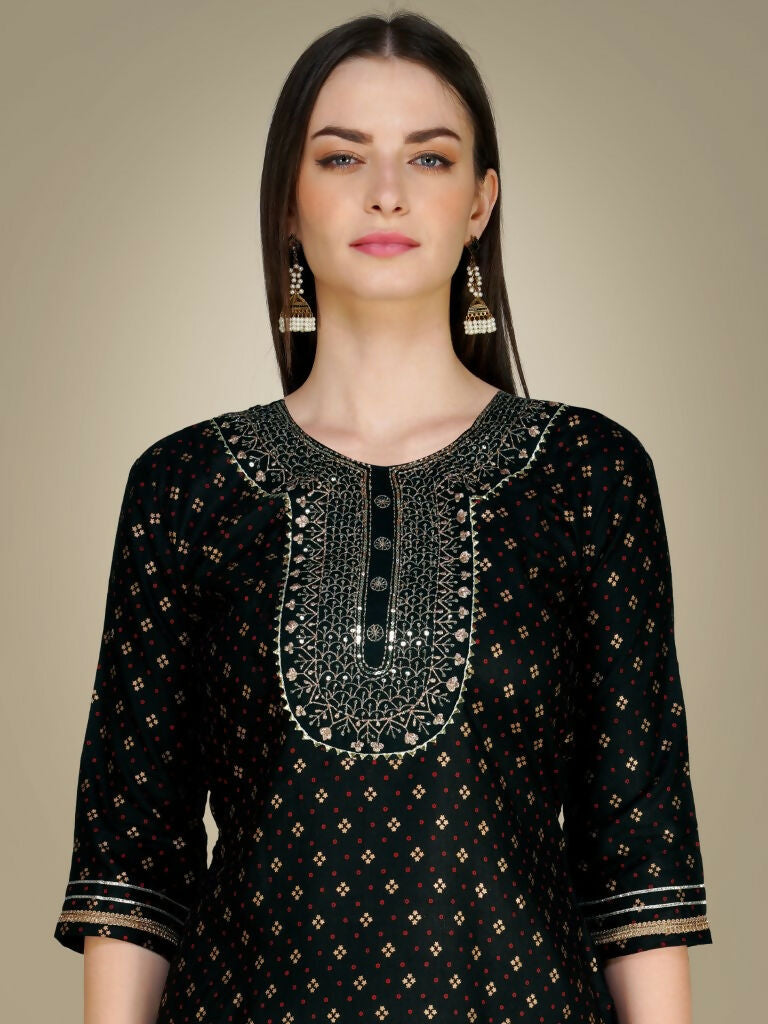 Jyoti Fashion Women's Black Cotton Magic Slub Embroidery & Sequence work Kurta with Trouser & Dupatta | Swadesiicart