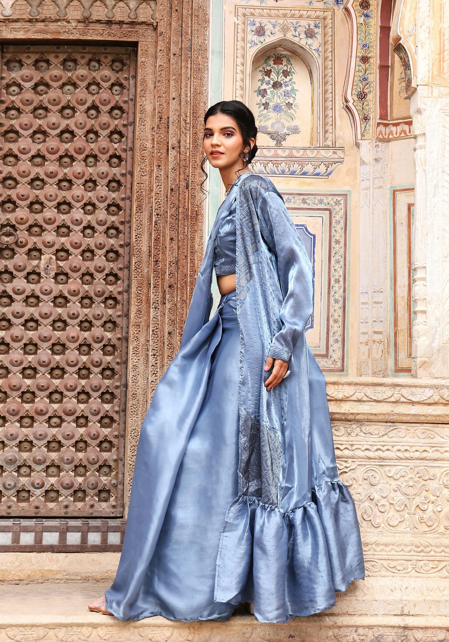 Sky Blue Tom Silk Plain Ready To Wear Saree With Stitched Blouse - Satiksha | Swadesiicart