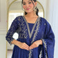 The52 Blue Women's Beautiful Embroidered Vichitra Silk Fabric with Flared Kurta, Pant and Dupatta Set - Swadesiicart