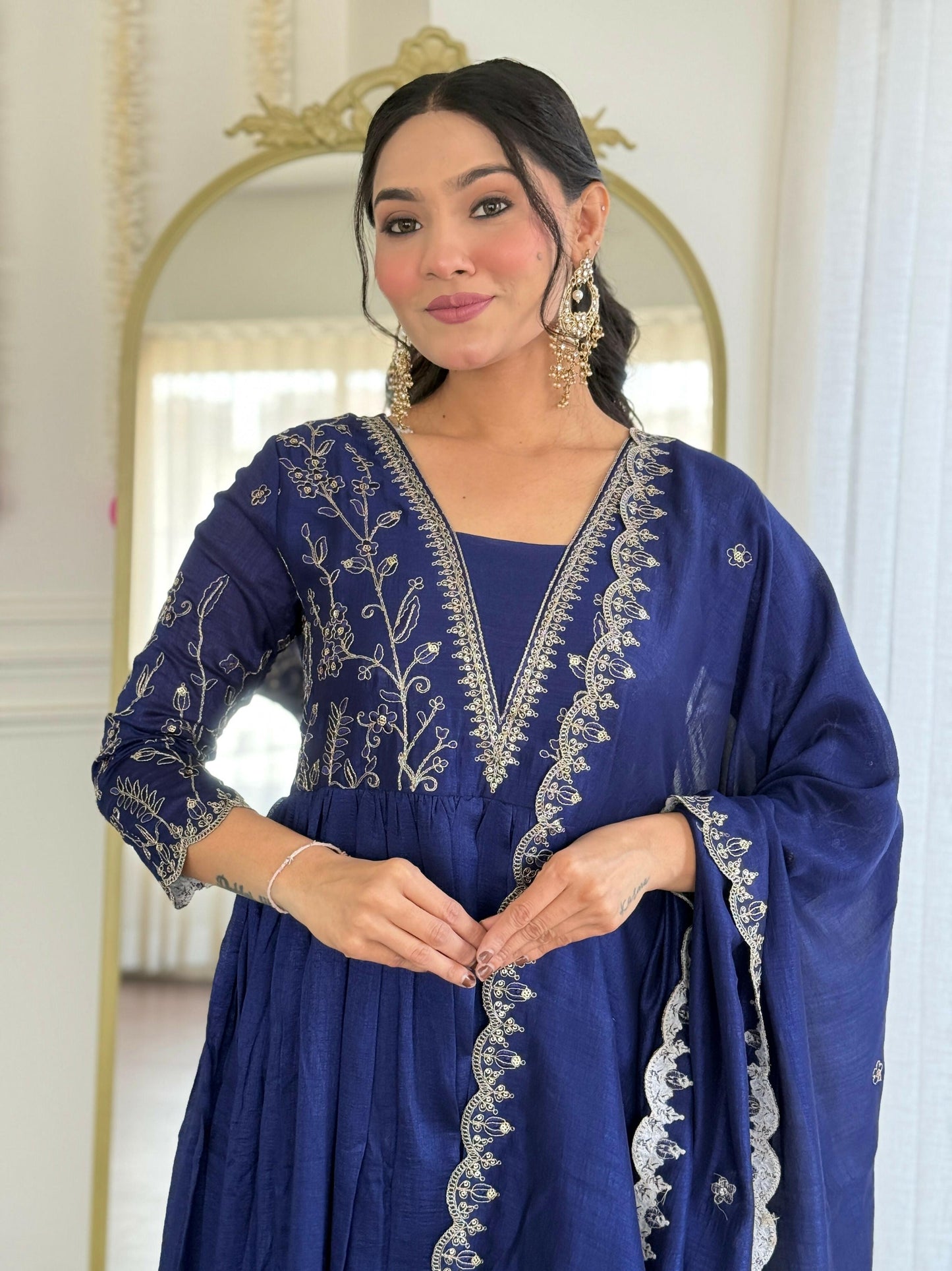 The52 Blue Women's Beautiful Embroidered Vichitra Silk Fabric with Flared Kurta, Pant and Dupatta Set - Swadesiicart