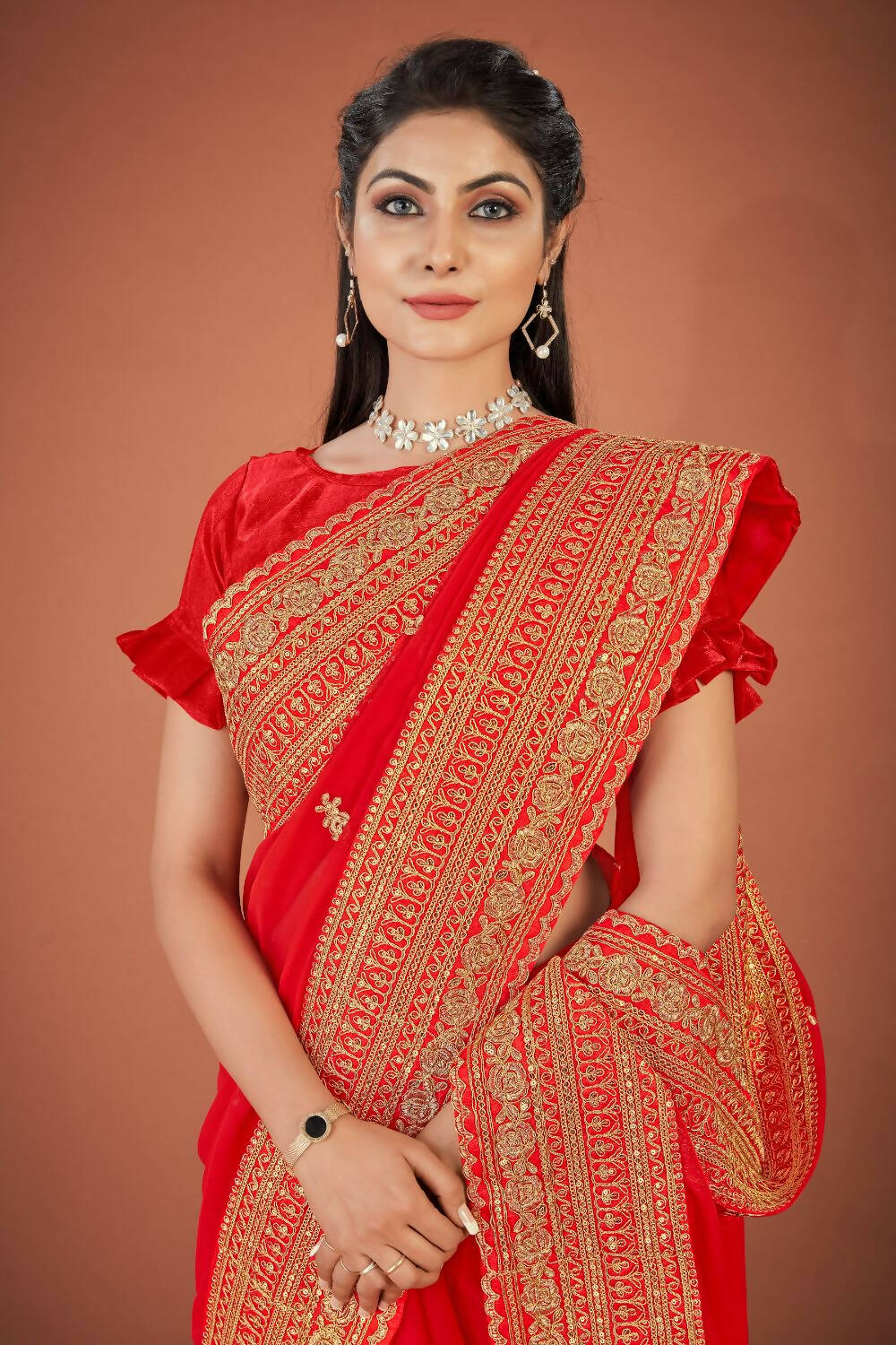 Vamsee Red Organza Saree - Swadesiicart