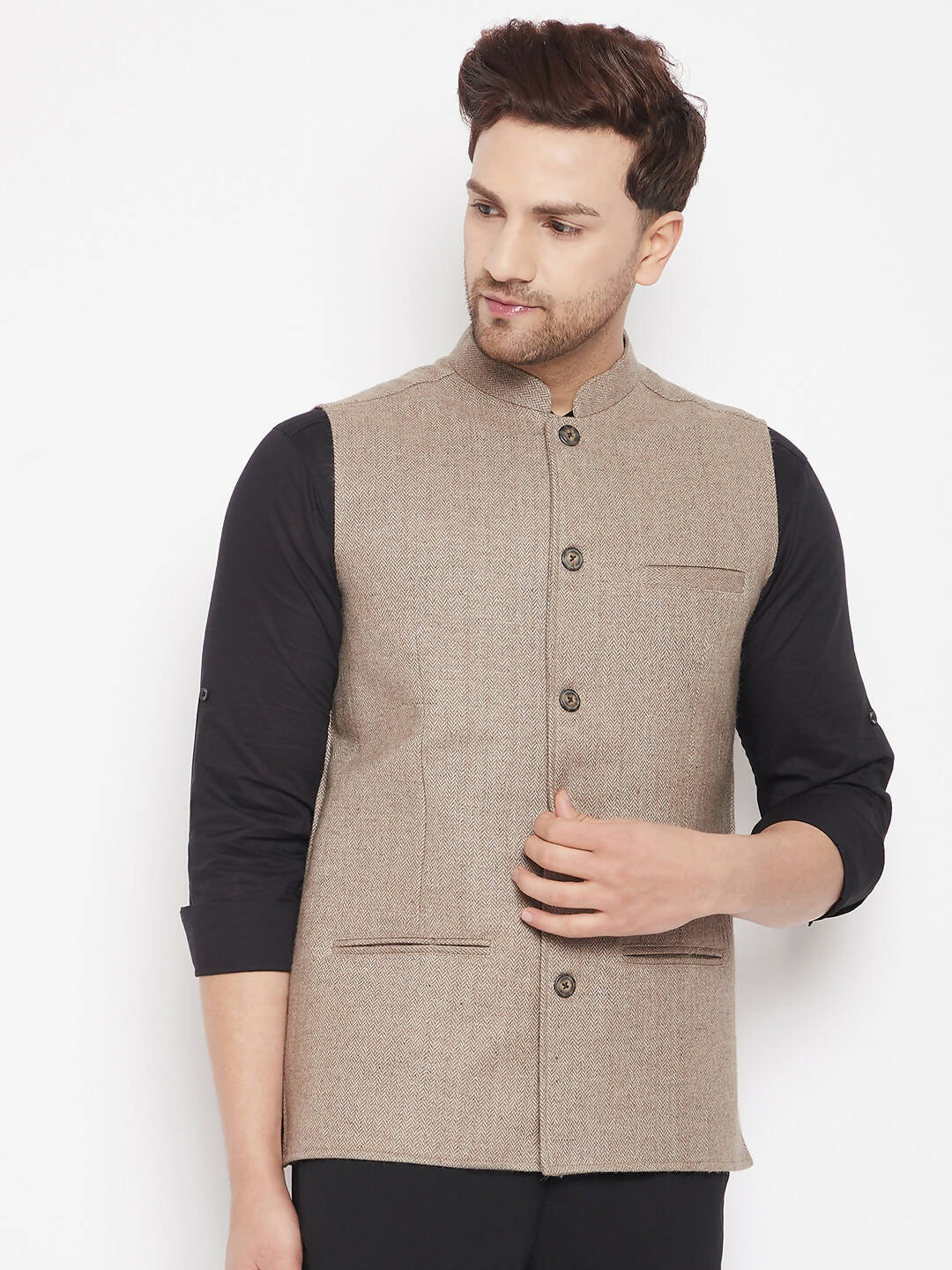 Even Apparels Beige Wool Men Woven Nehru Jacket | Swadesiicart