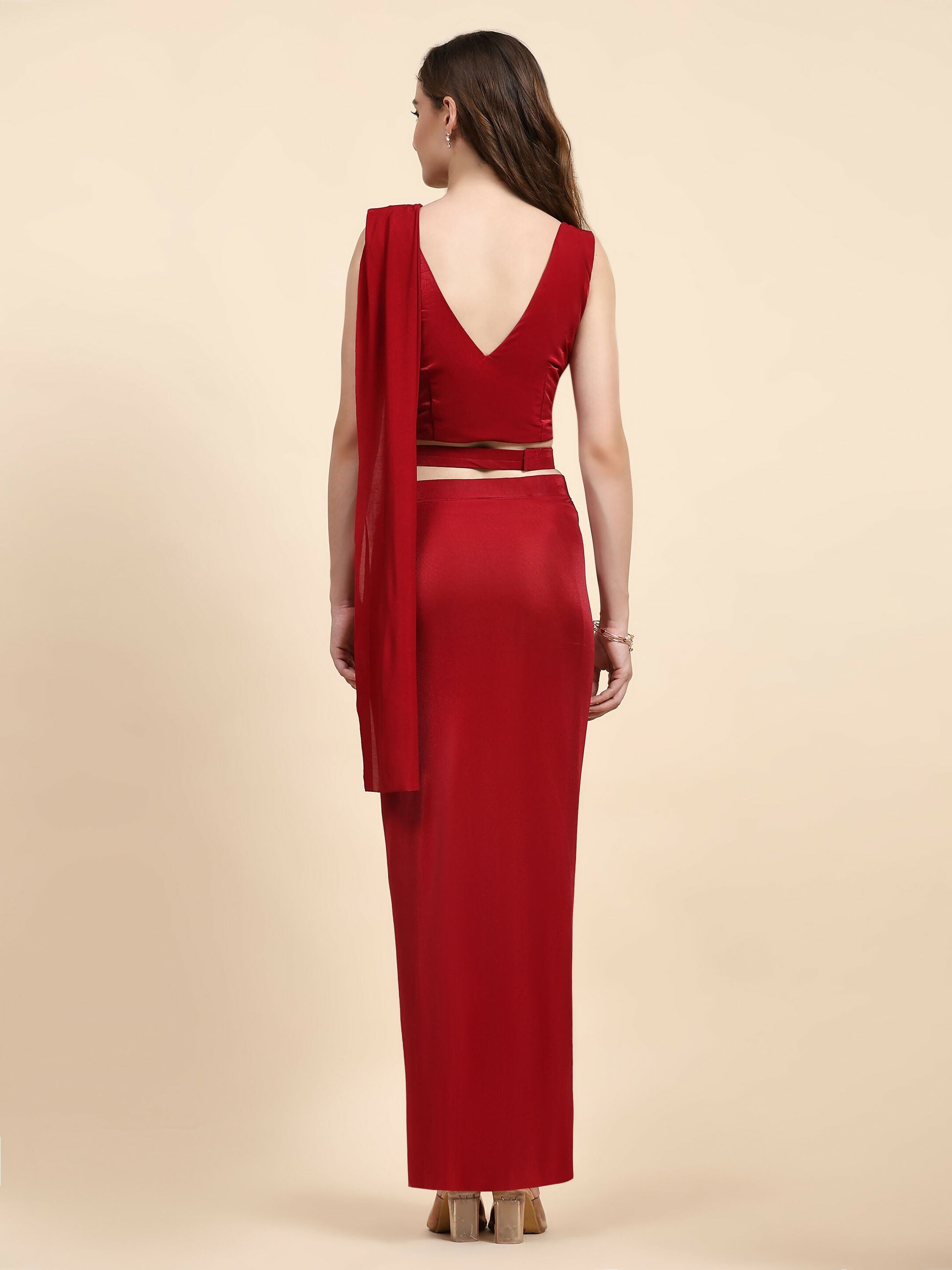 Red Imported Crystle Solid Ready to Wear Saree with stitched Blouse - Nita | Swadesiicart