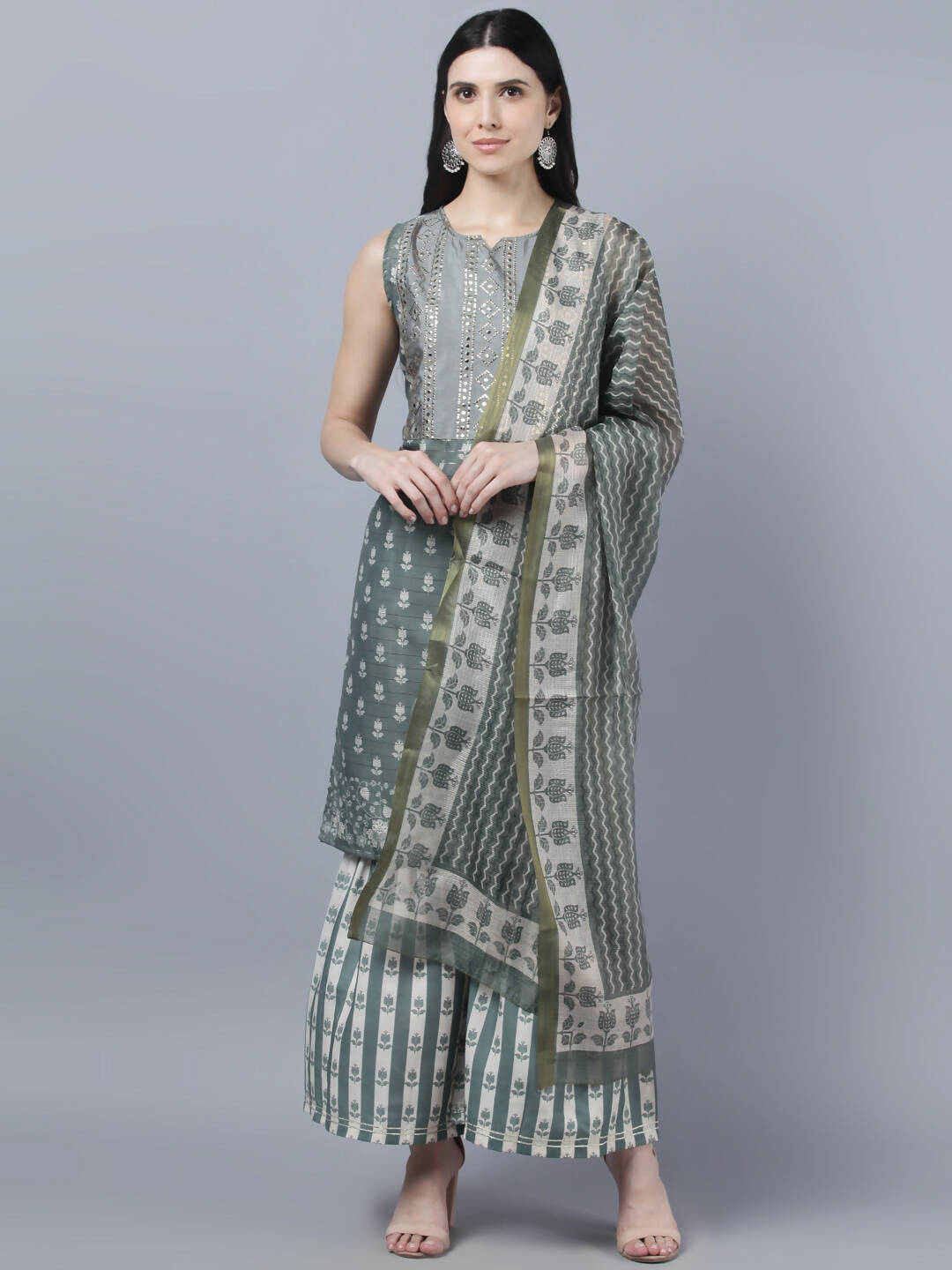 Myshka Women Grey Ethnic Motifs Printed Kurta with Shararas With Dupatta Set | Swadesiicart