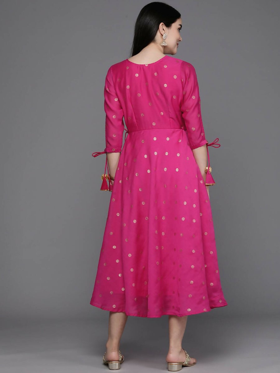 Ahalyaa Women Foil Printed A-Line Midi Ethnic Dress - Pink Color | Swadesiicart