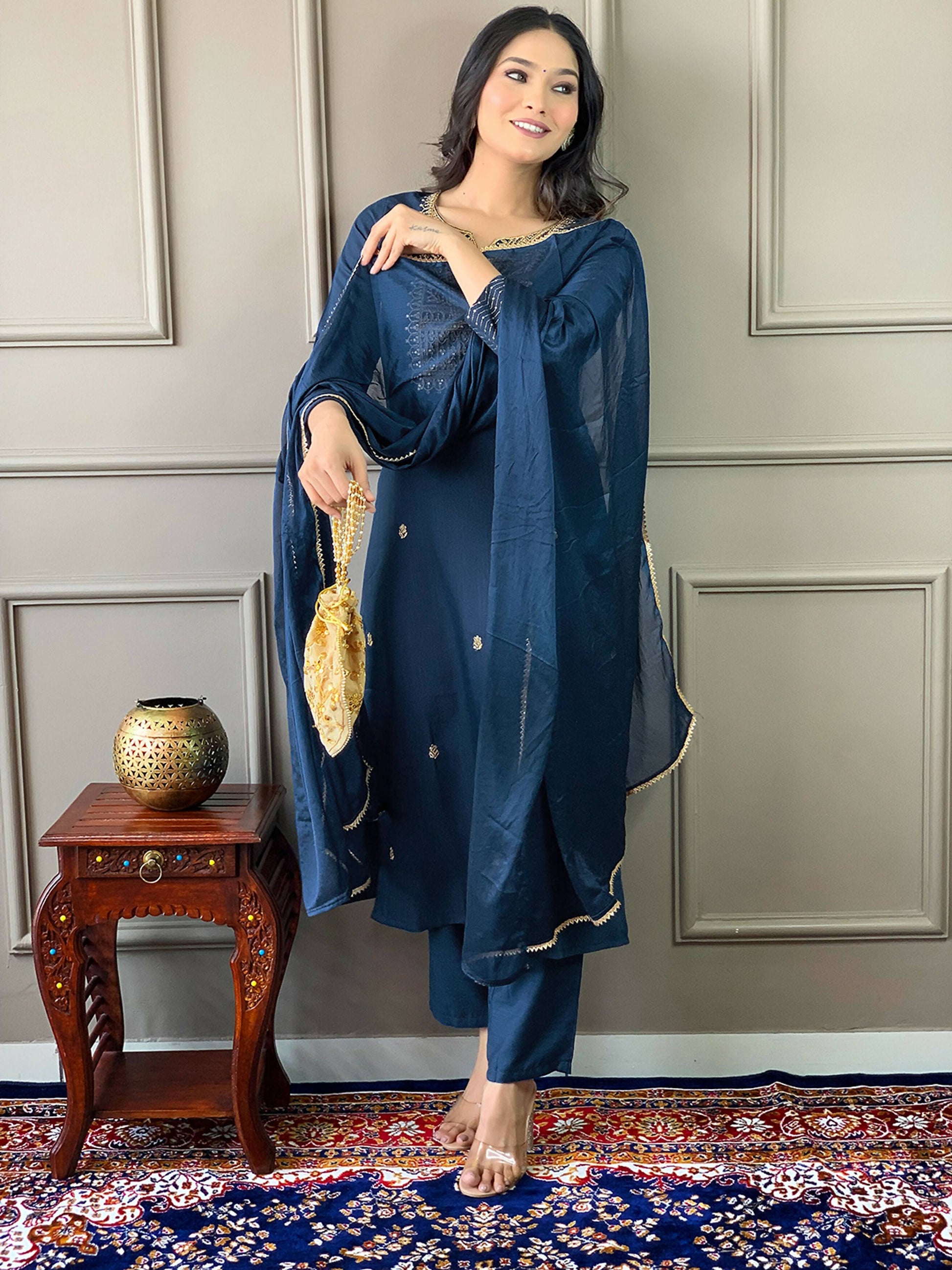 Partywear Designer Rayon Slub Blue Stitched Suit With Dupatta - Tanisha | Swadesiicart