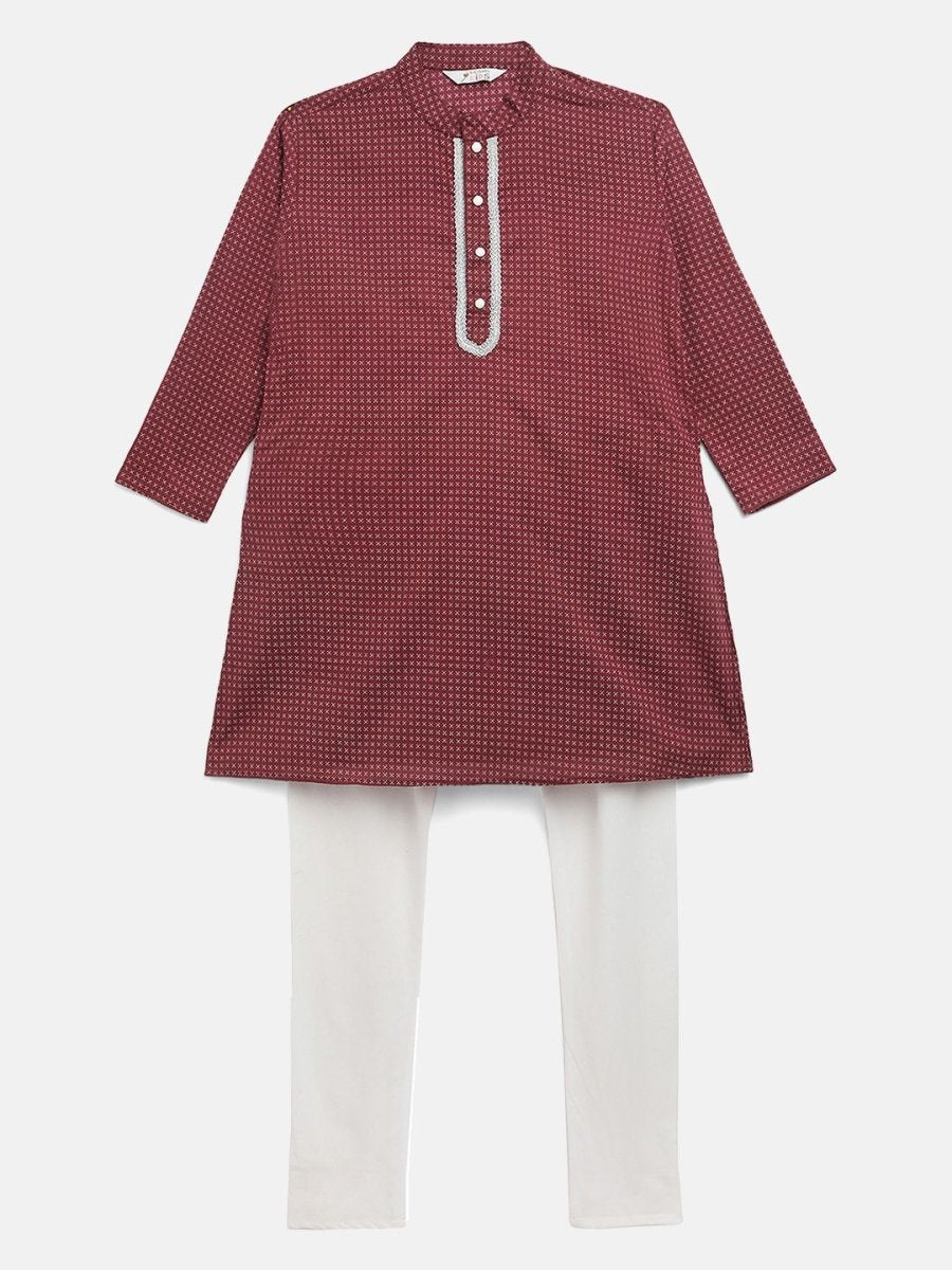 Ahalyaa Boys Maroon Pure Cotton Digital Print Kids Kurta Churidar Set | Swadesiicart
