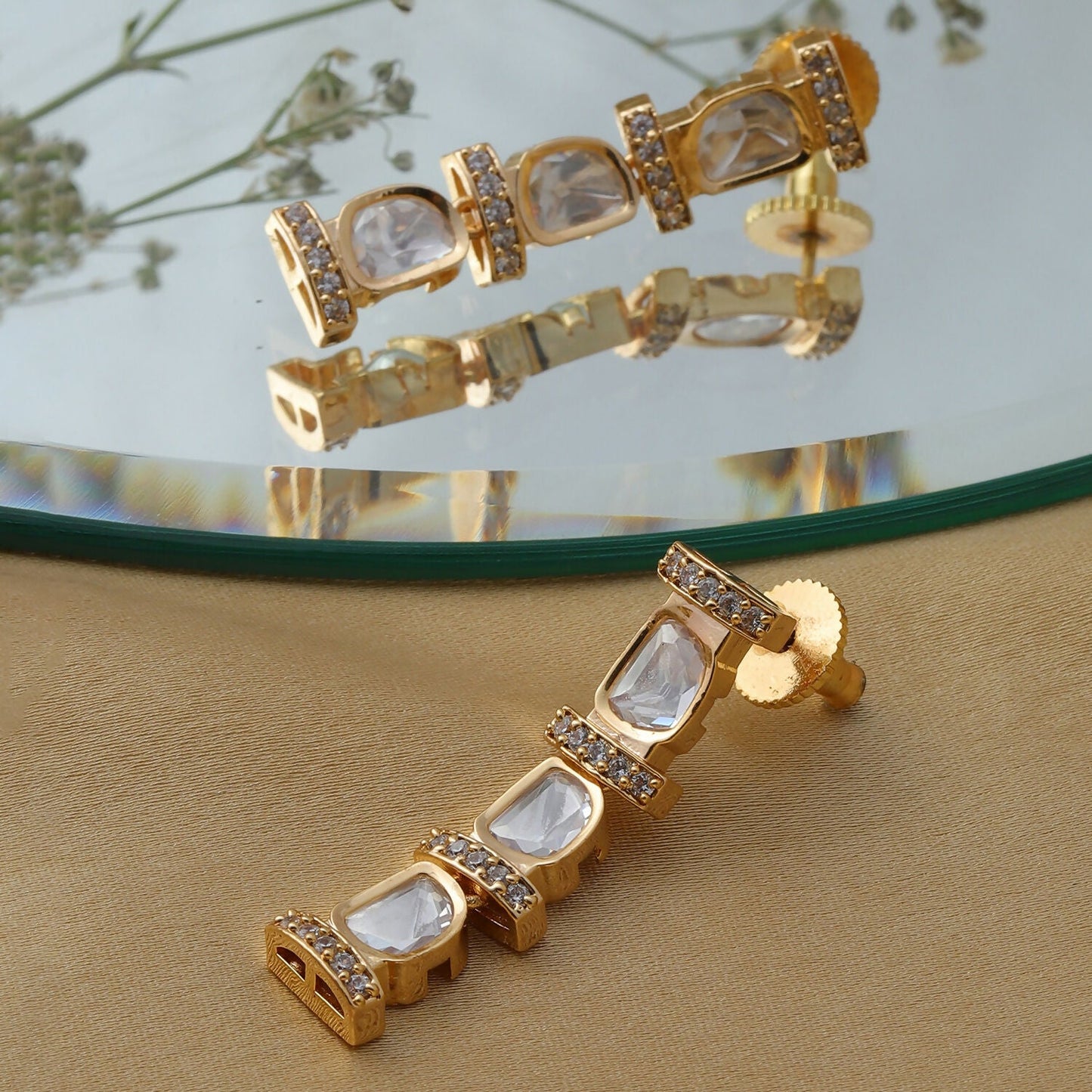 Long Kundan and Diamond Earrings (Gold) - Ruby Raang - Swadesiicart