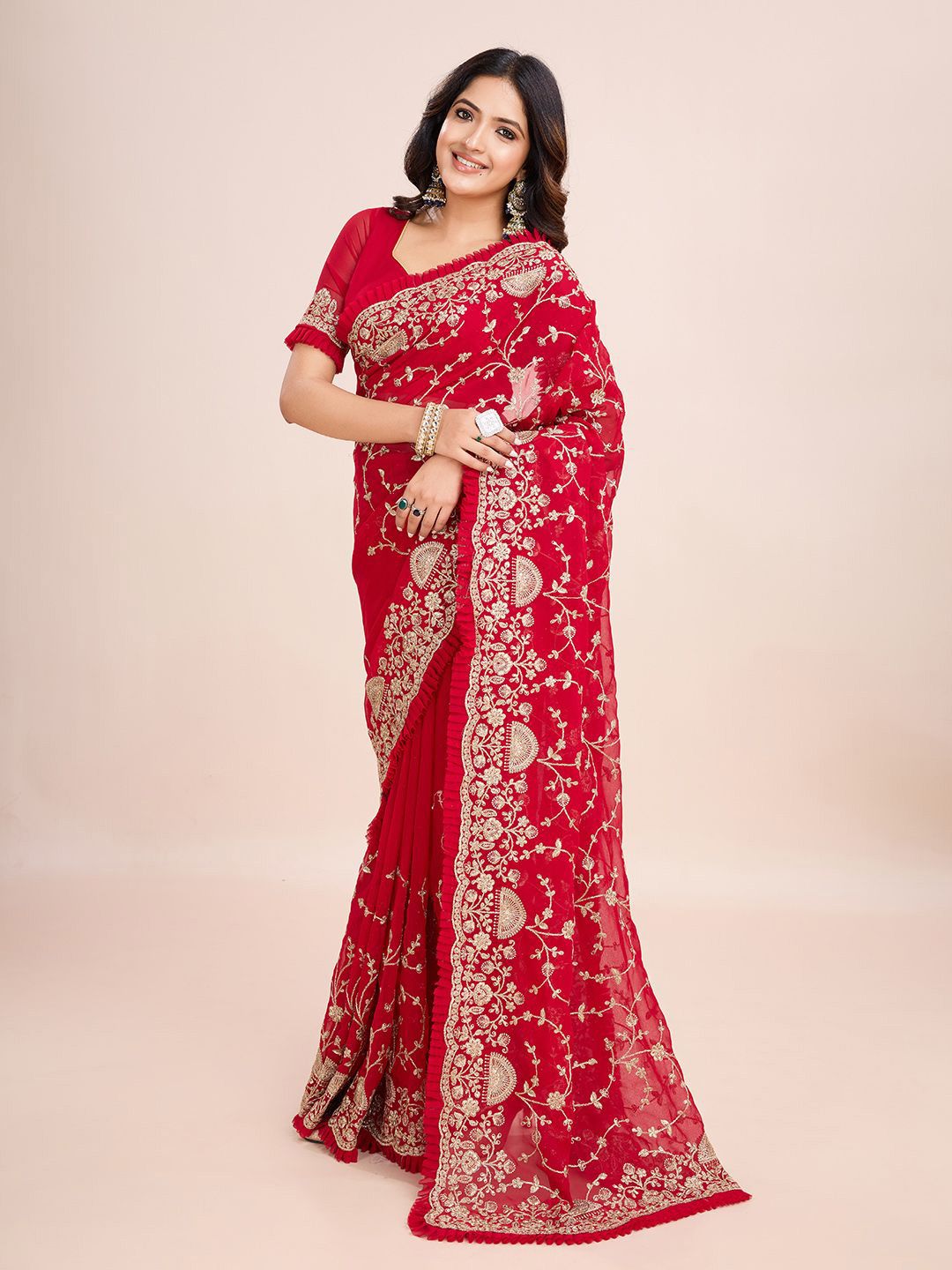 kasee Floral Embroidered Pure Georgette Ready to Wear Saree | Swadesiicart