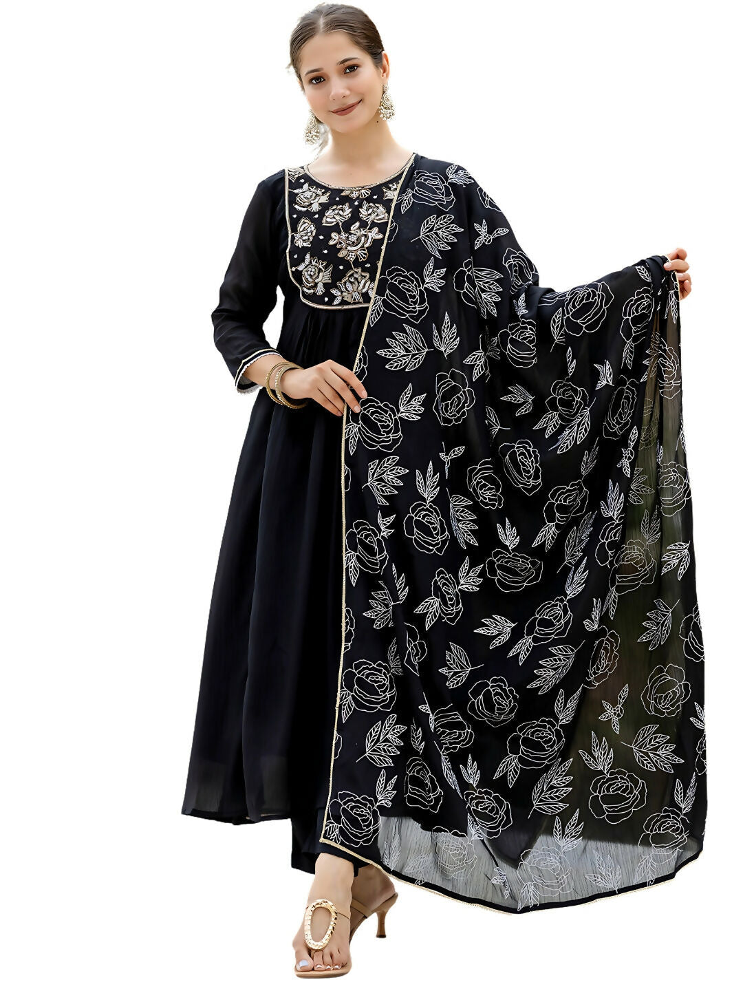 The52 Black Women's Beautiful Embroidered work Chinon Fabric with Flared Kurta, Pant and Dupatta Set - Swadesiicart