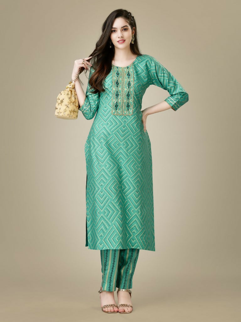 Jyoti Fashion Women's Pista Green Rayon Embroidered Kurta Pant Set | Swadesiicart