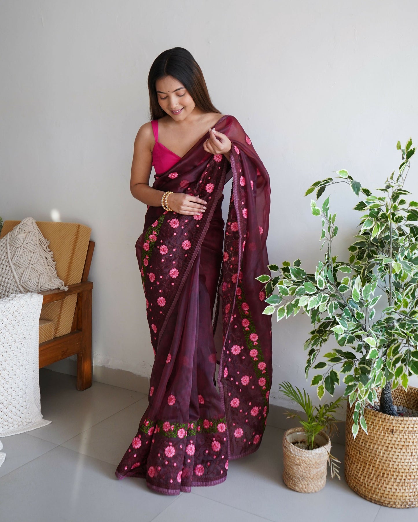 Vamsee Sarifaa Maroon Organza Saree - Swadesiicart