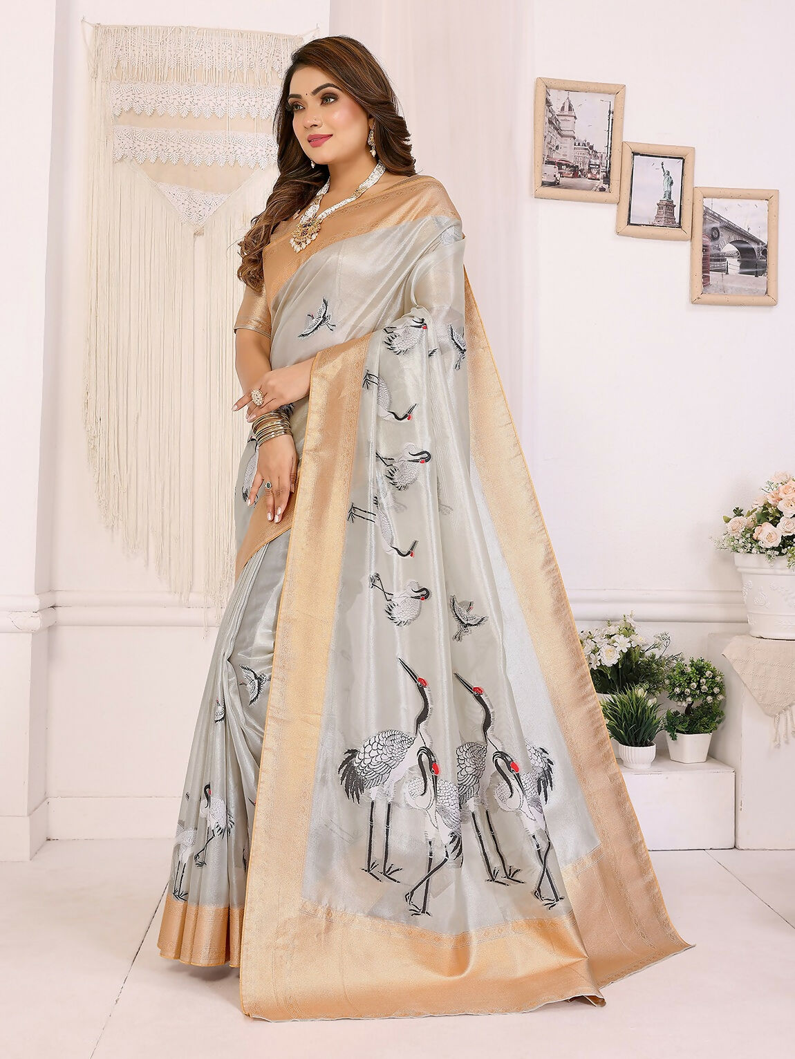 Joban Fashion Golden Cranes Patterns Banarasi Silk Sarees | Swadesiicart