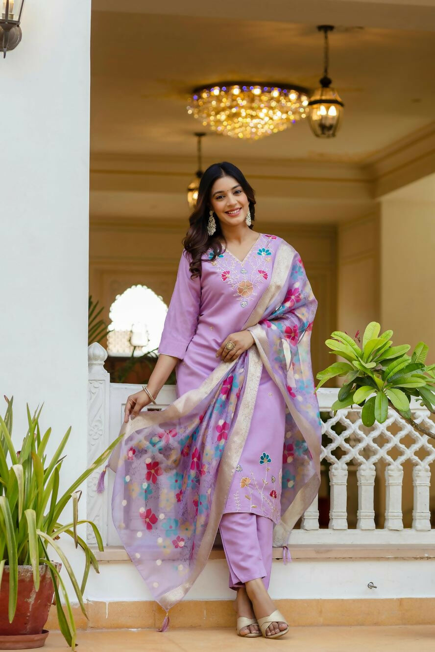 The52 Lavender Women's Gorgeous Embroidered work Viscose Gadhwal Fabric Straight Kurta, Pant and Dupatta Set - Swadesiicart