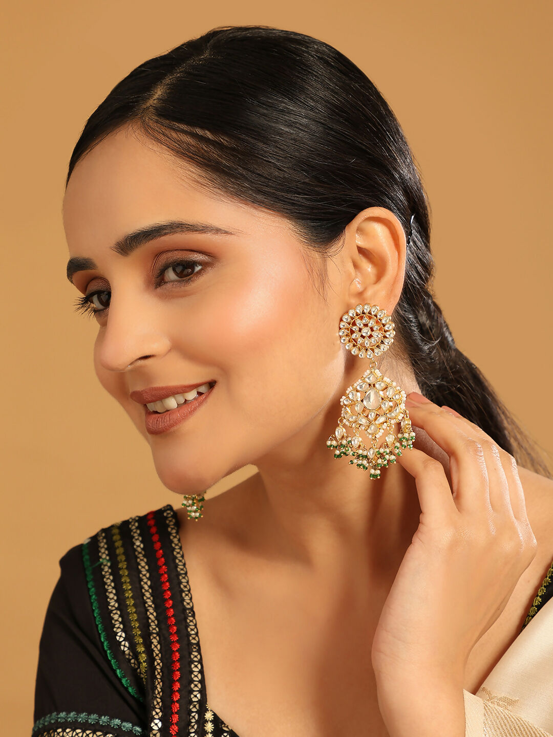 Nuyug 22K Gold Plated Traditional Kundan Studded Contemporary Dangler Earrings with Pearl and Green Bead Accents | Swadesiicart