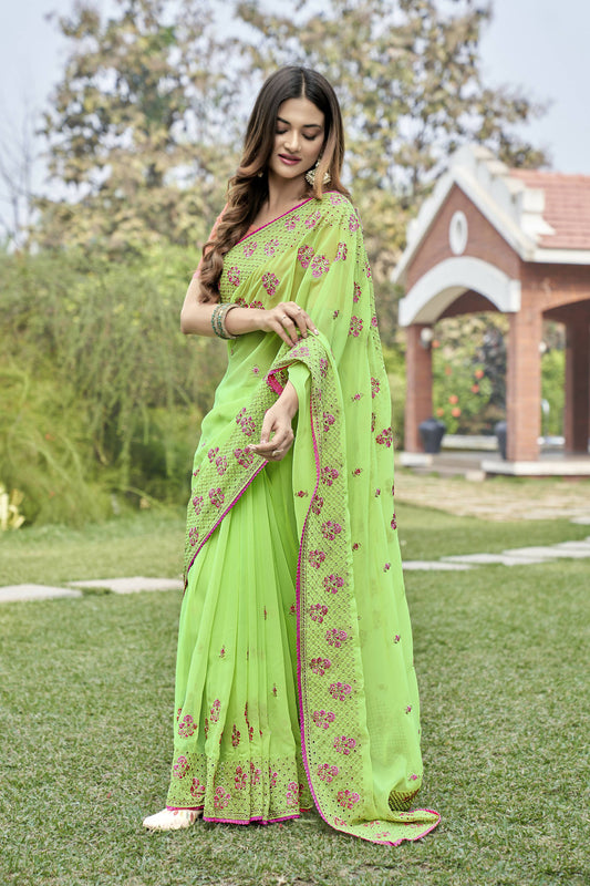 Vamsee Rashmika 2.0 Green Georgette Silk Saree - Swadesiicart