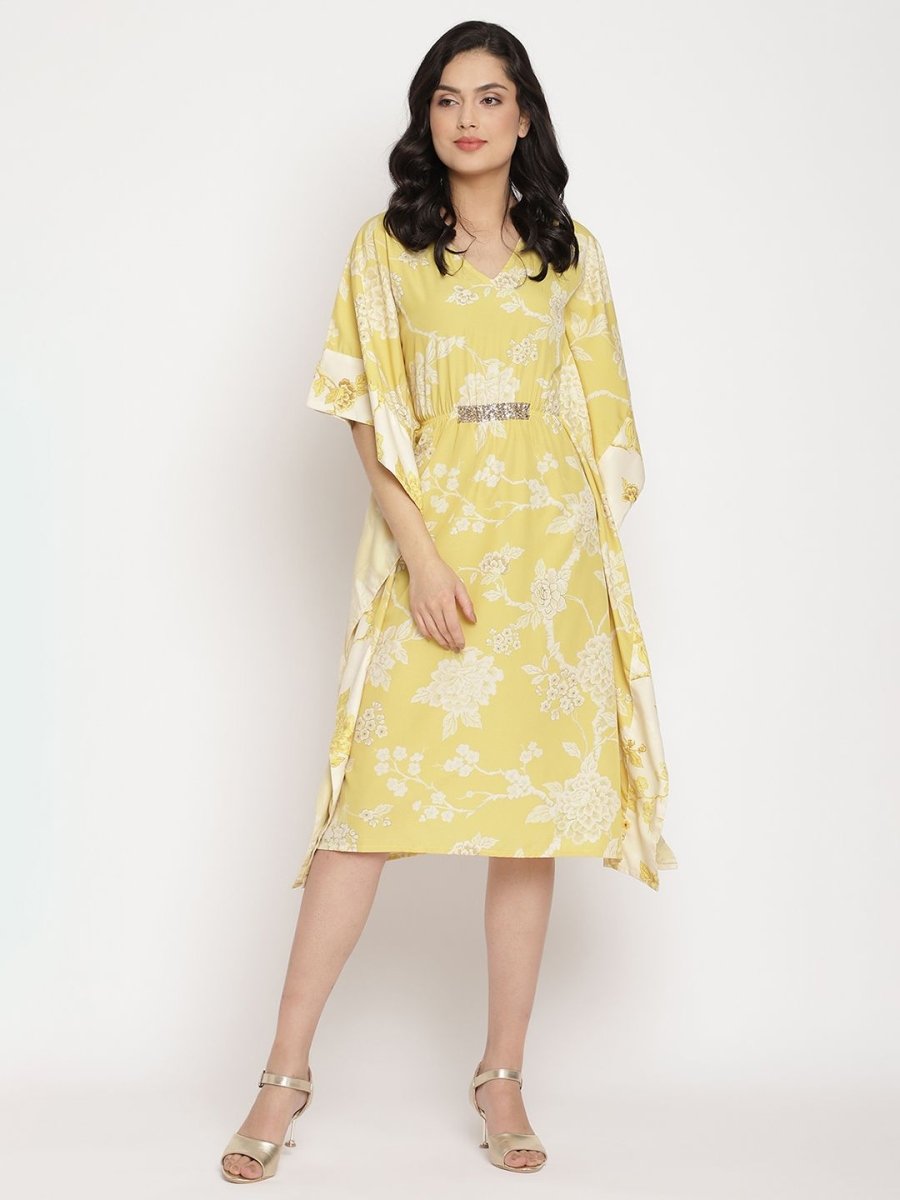 Ahalyaa Women Lime Green & Off White Floral Printed Flared Sleeves Floral Kaftan Kurta | Swadesiicart