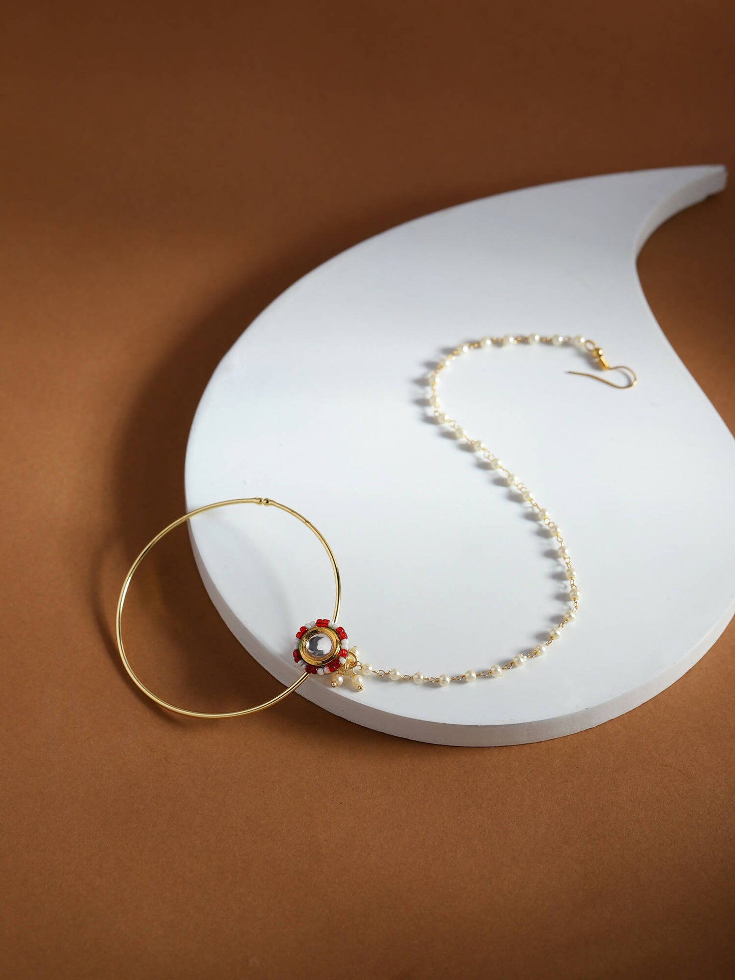 Gold-Pleated Red White Kundan Studded Beaded Chained Nosepin - Ruby Raang | Swadesiicart