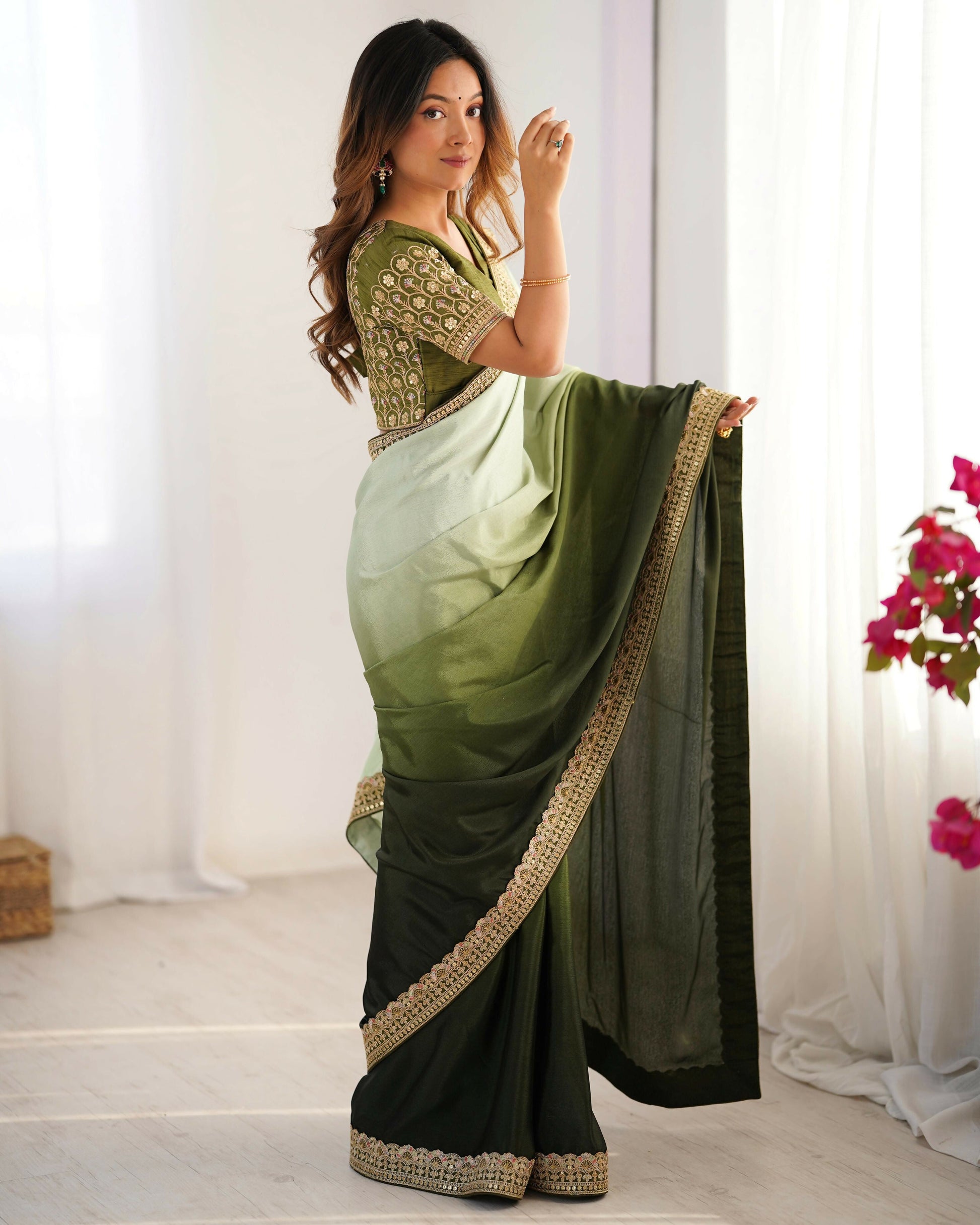 Exclusive Collection Pista Green Party Wear Chinon Salk Saree - Swadesiicart