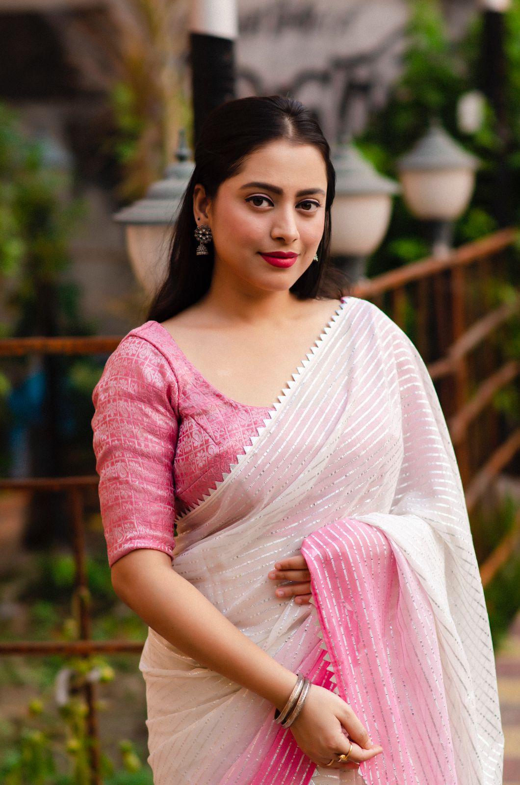 Pink Poly Chiffon Striped Saree with Unstitched Blouse - Hiral Fashion | Swadesiicart