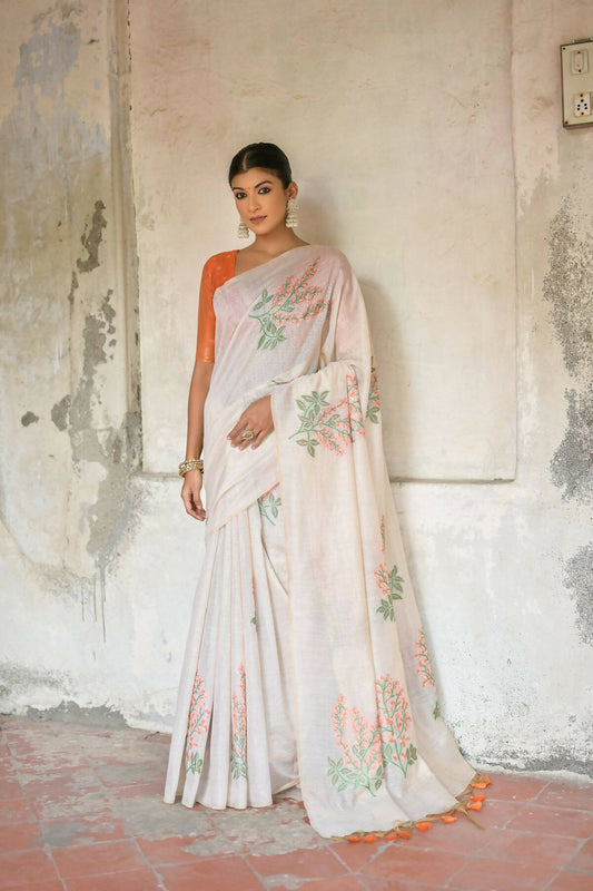 Vishnu Weaves Women's Orange Muga Cotton Woven Saree with Blouse - Swadesiicart